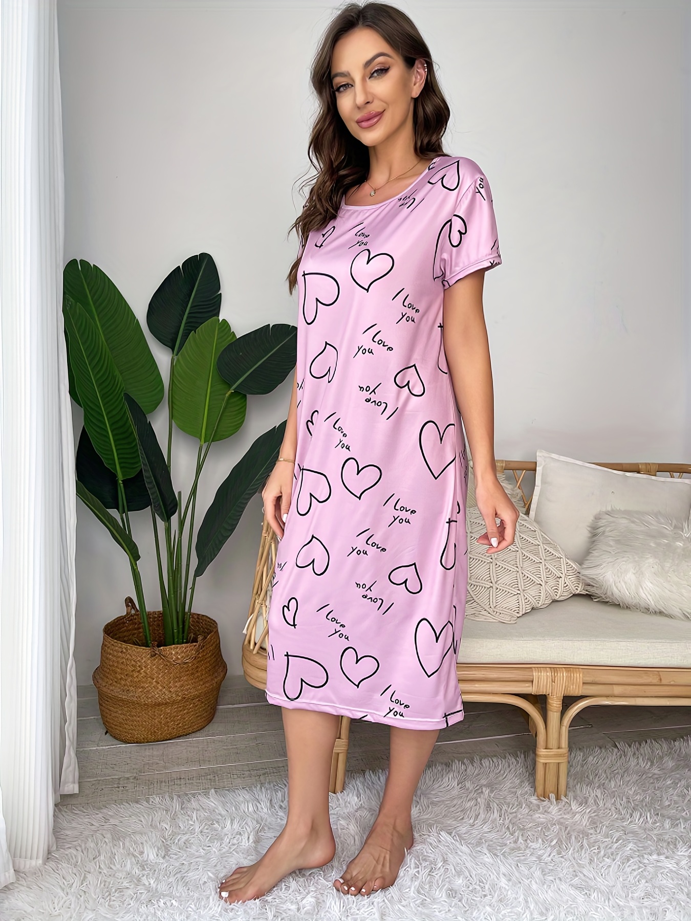 Heart Print Pajama Dress Comfy Smooth Crew Neck Short Sleeve - Temu