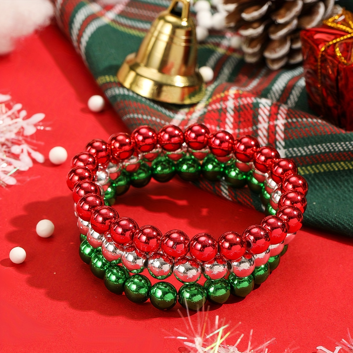 Hand Crafted Bracelet Christmas Theme Red Green Clay Beads Stretch Gift