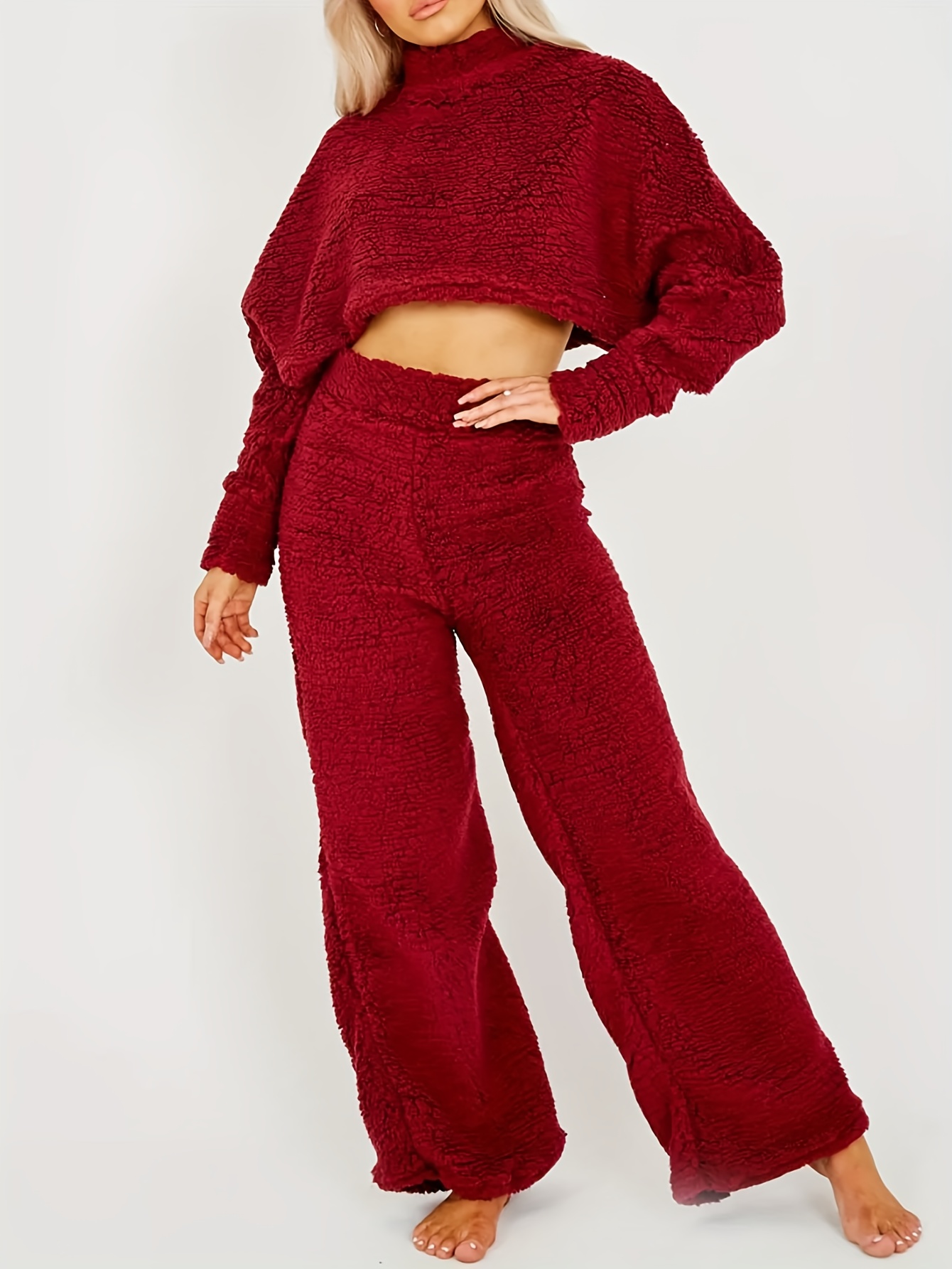 Solid Teddy Two piece Set Mock Neck Long Sleeve Tops Wide - Temu