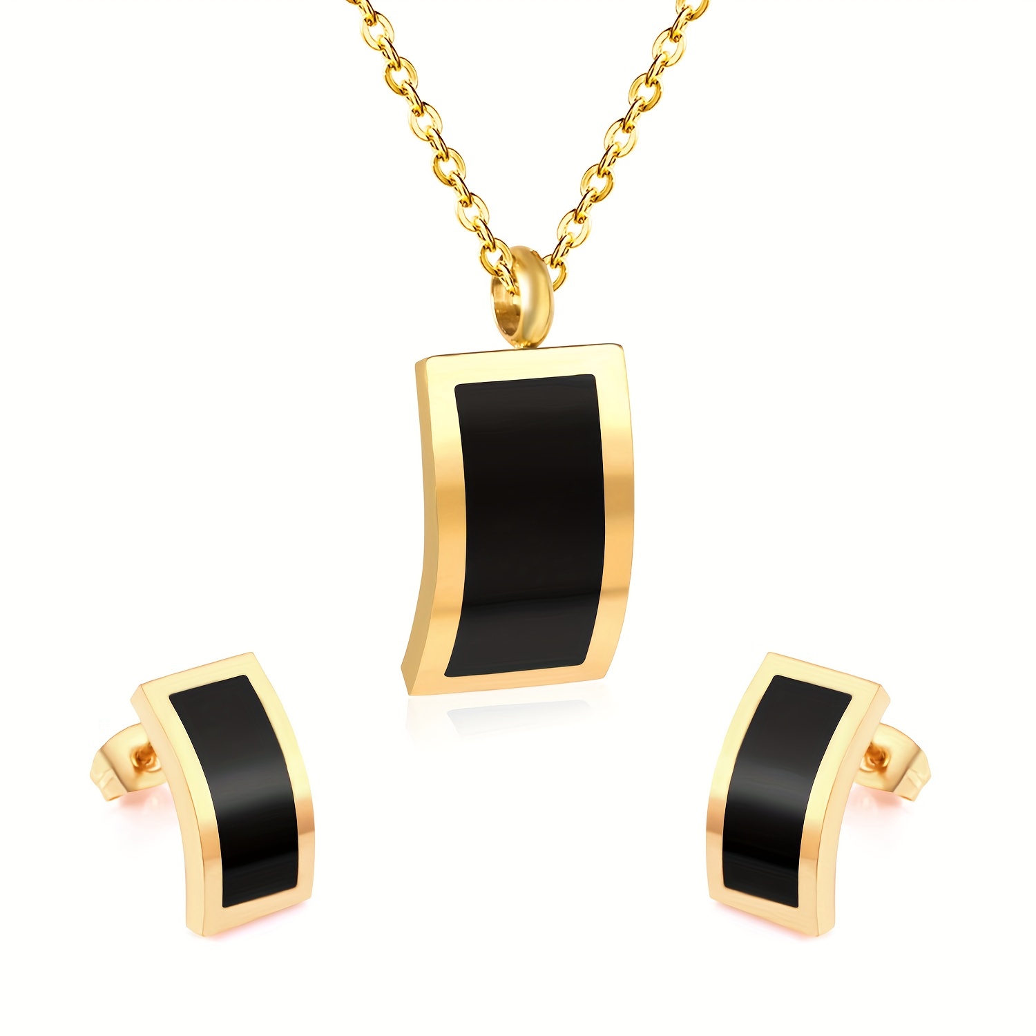 Temu 3pcs Earrings Plus Necklace Elegant Jewelry, Jewels Set Made Stainless Steel 18K Gold Plated Curved Rectangular Design Fashion Jewelry for Female