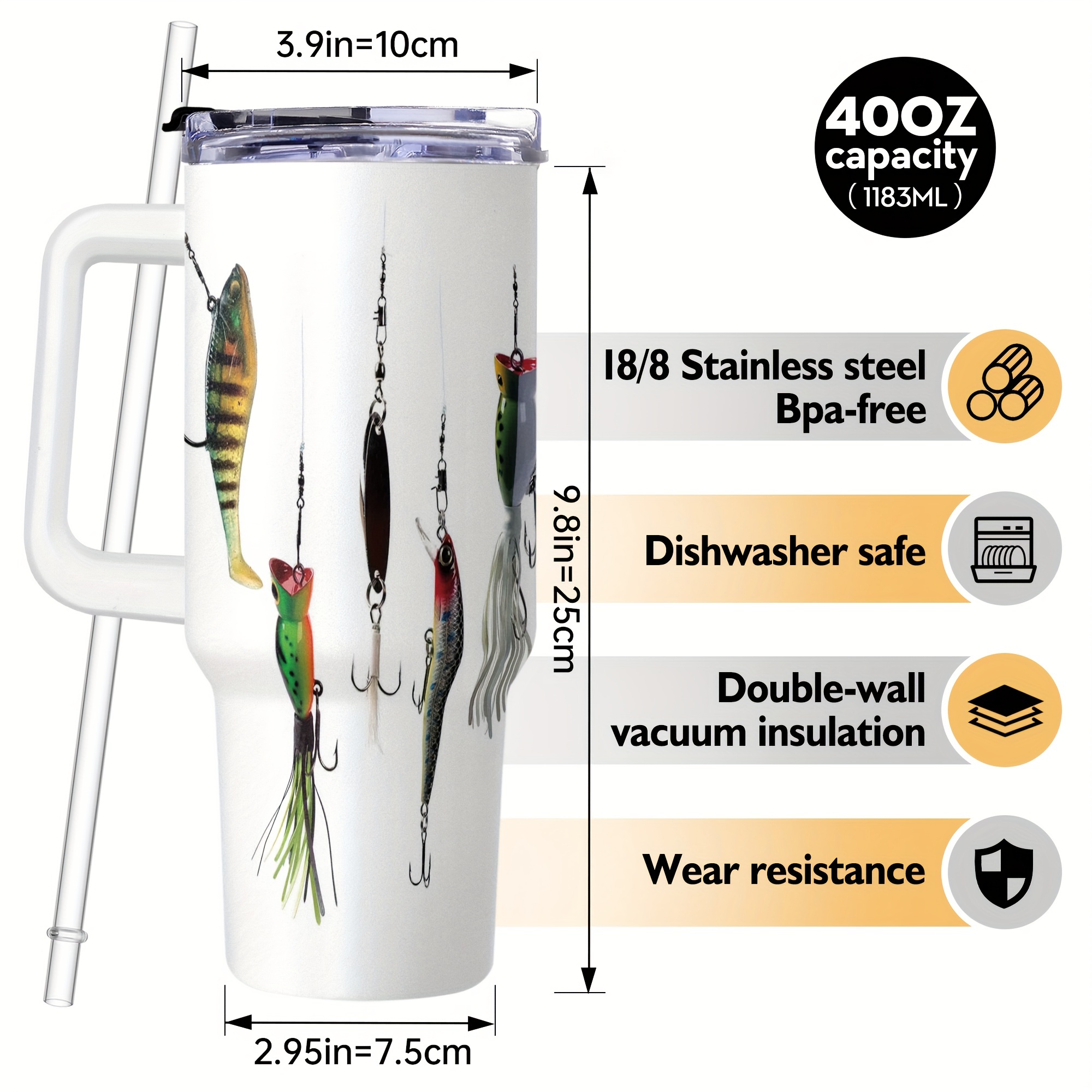 1pc 40oz Stainless Steel Fishing Tumbler With Handle And Straw Doubler  Walled Insulated Tumbler Travel Cup Keeps Drinks Cupholder Friendly