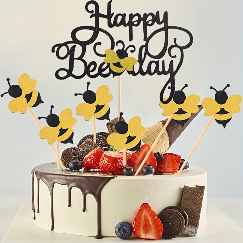 Bee Cake Topper Happy Bee Day Birthday Cake Decorations for Boys Girls  Glitter Honey Bumble Bee Theme Birthday Decoration Baby Shower Party  Supplies