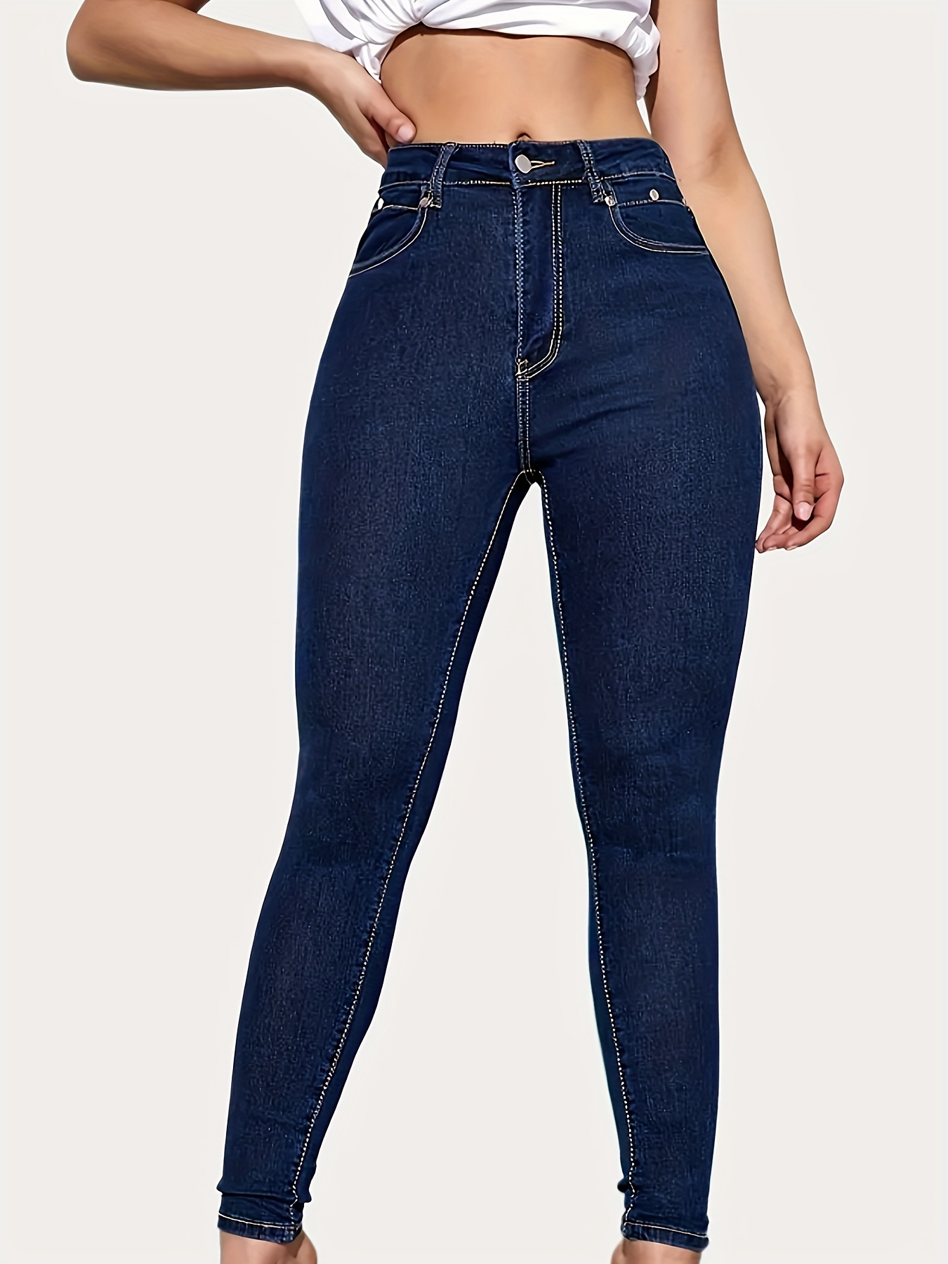 Deep Blue Fleece Lined Skinny Jeans, High Waist Sexy Stretchy Tight Jeans,  Women's Denim Jeans & Clothing