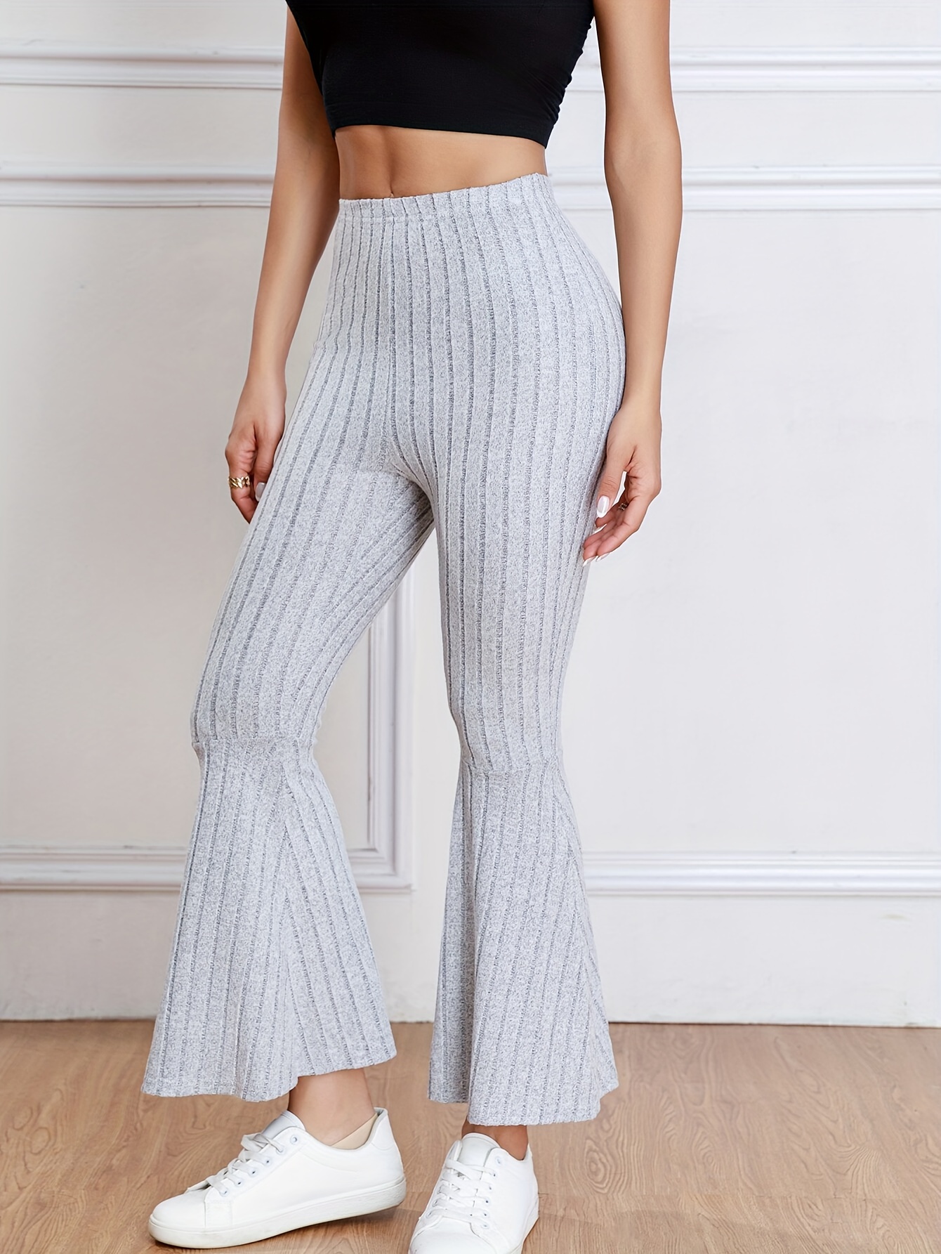  AMEEQ Pants for Women Ribbed Knit Flare Leg Pants (Color : Light  Grey, Size : X-Small) : Clothing, Shoes & Jewelry