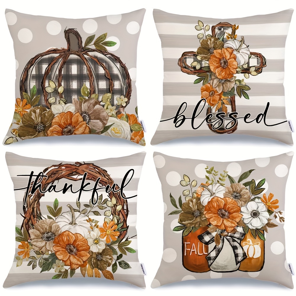 

4pcs Linen Mixed Woven Autumn Pumpkin Flower Throw Pillow Cover Room Decor, Bedroom Decor, Living Room Decor (cushion Is Not Included)