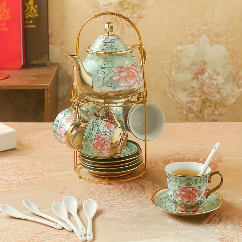  ufengke - Juego de té de cerámica blanca inglesa, 15 piezas,  tetera, tazas de porcelana de hueso con soporte de metal, cucharas a juego,  juego de té de la tarde 