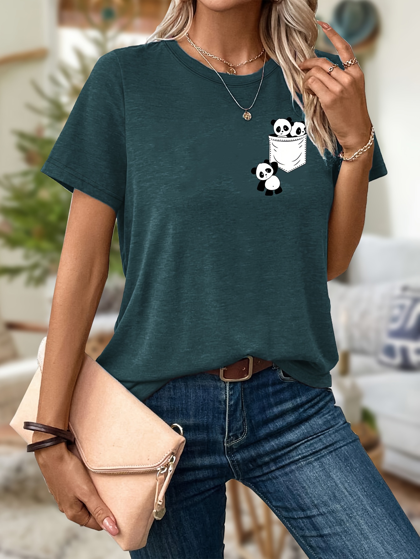 Bonita Camiseta Estampado Panda Camiseta Manga Corta Cuello - Temu