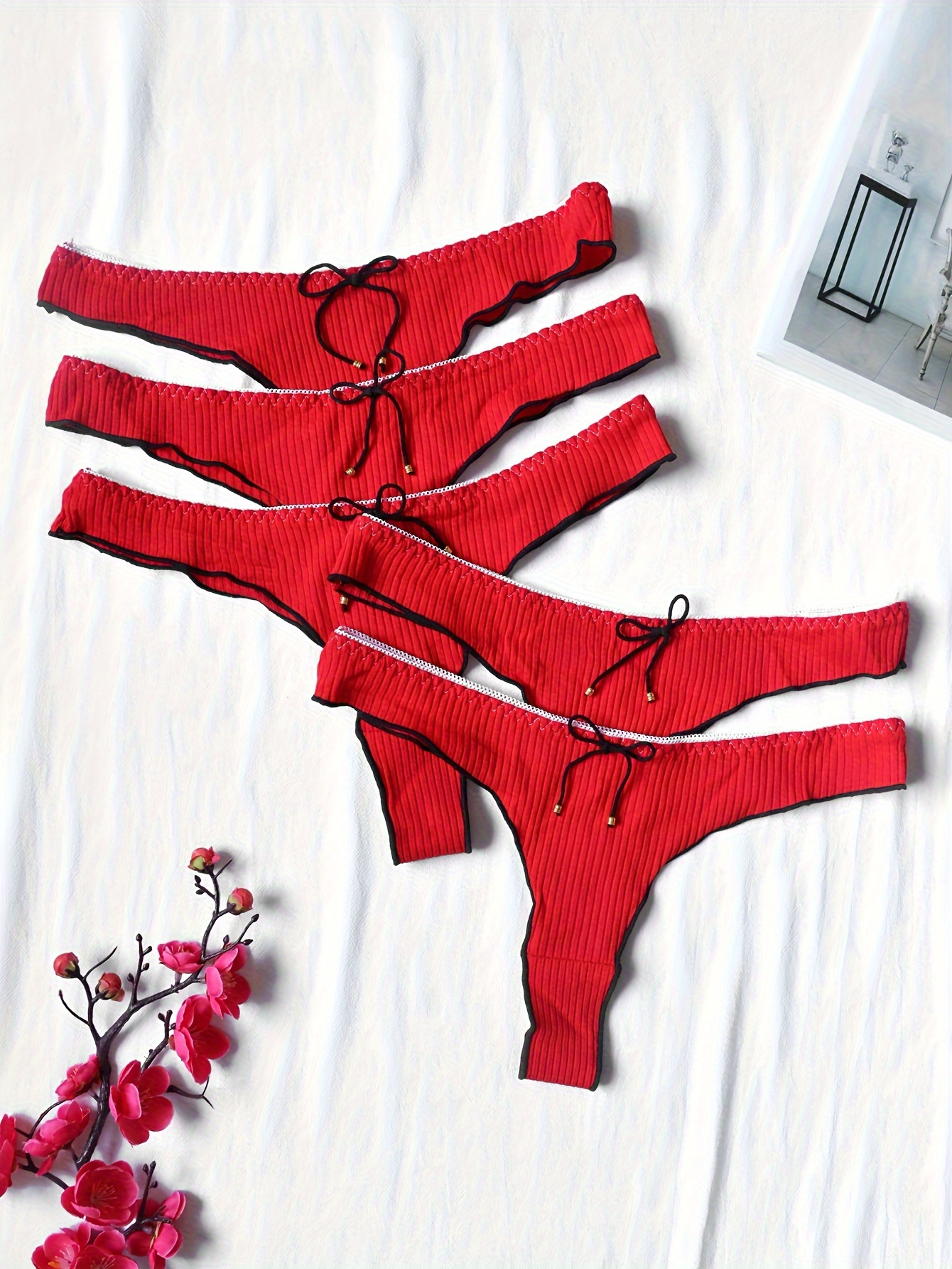 Bow Decor Ribbed Thongs Comfy Breathable Stretchy Intimates - Temu