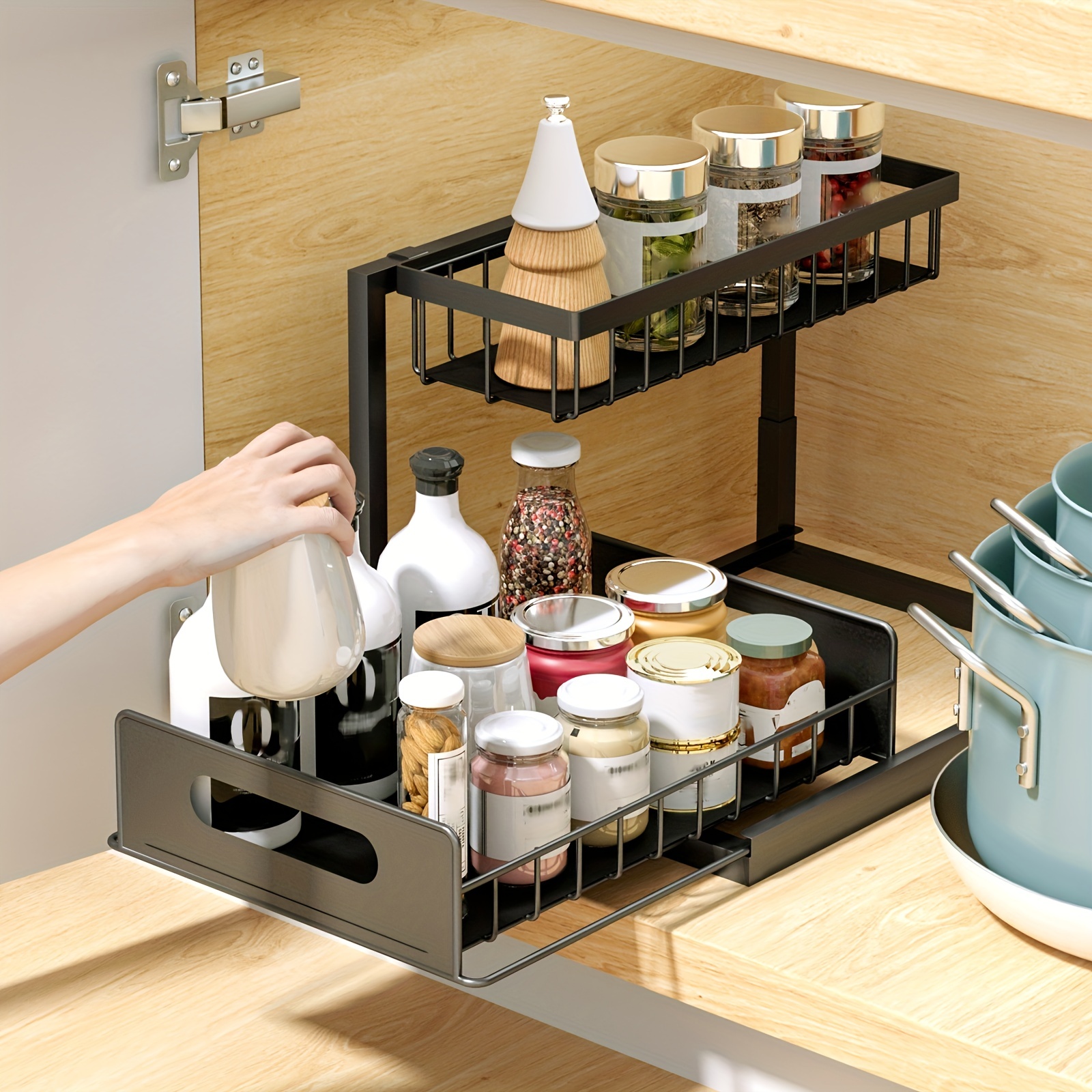 2-tier Sliding Cabinet Organizer With Hooks And Cup For Under Sink Storage  In Bathroom And Kitchen - Efficient Household Organizer For Kitchen Gadgets  And Stuff - Temu