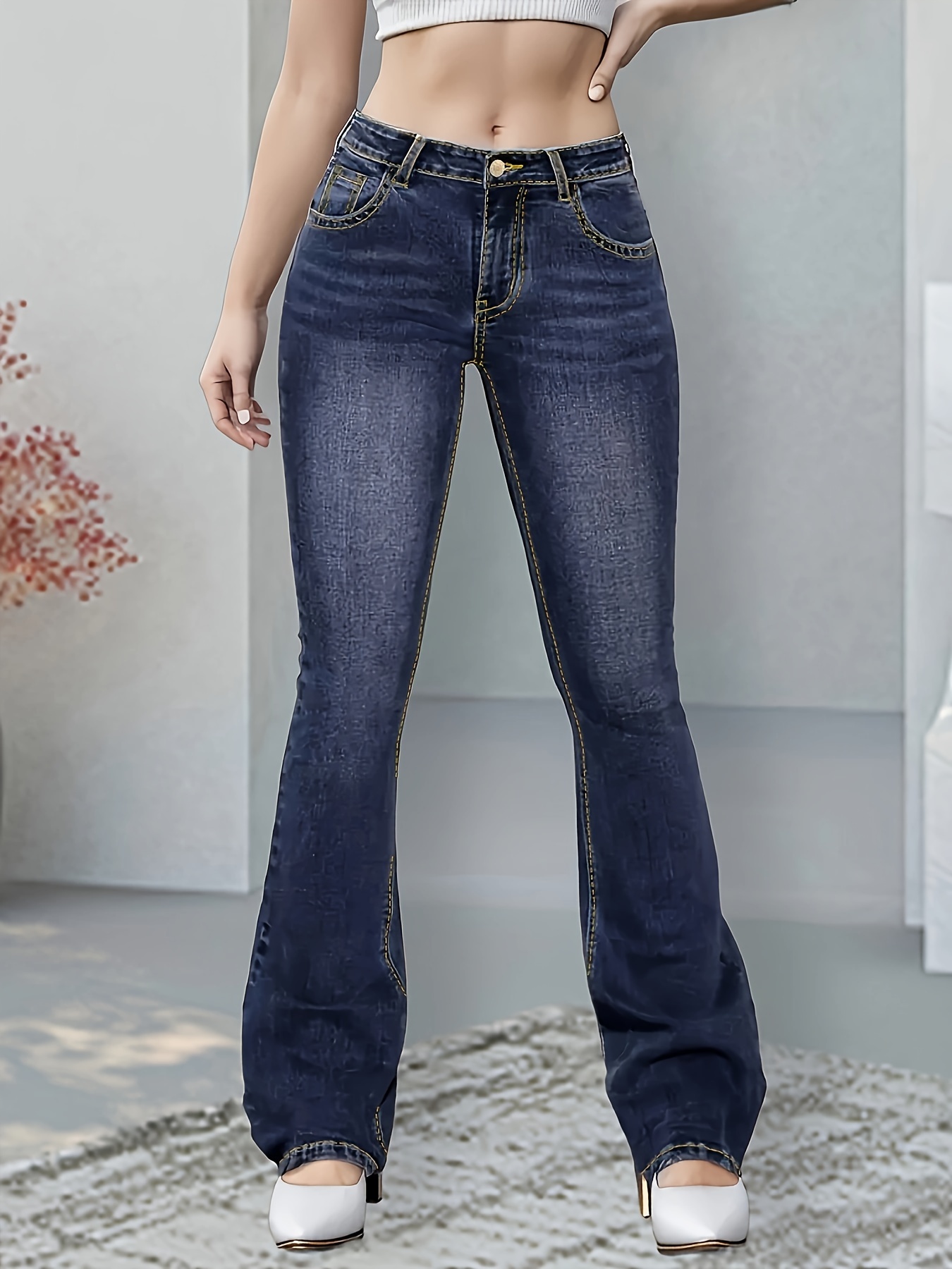 High Stretch Casual Bootcut Jeans Slant Pockets Versatile - Temu Canada