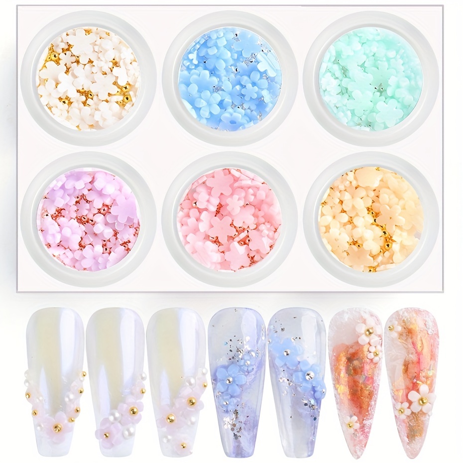 3d Flower Nail Art Charms White Flowers With Golden Caviar - Temu