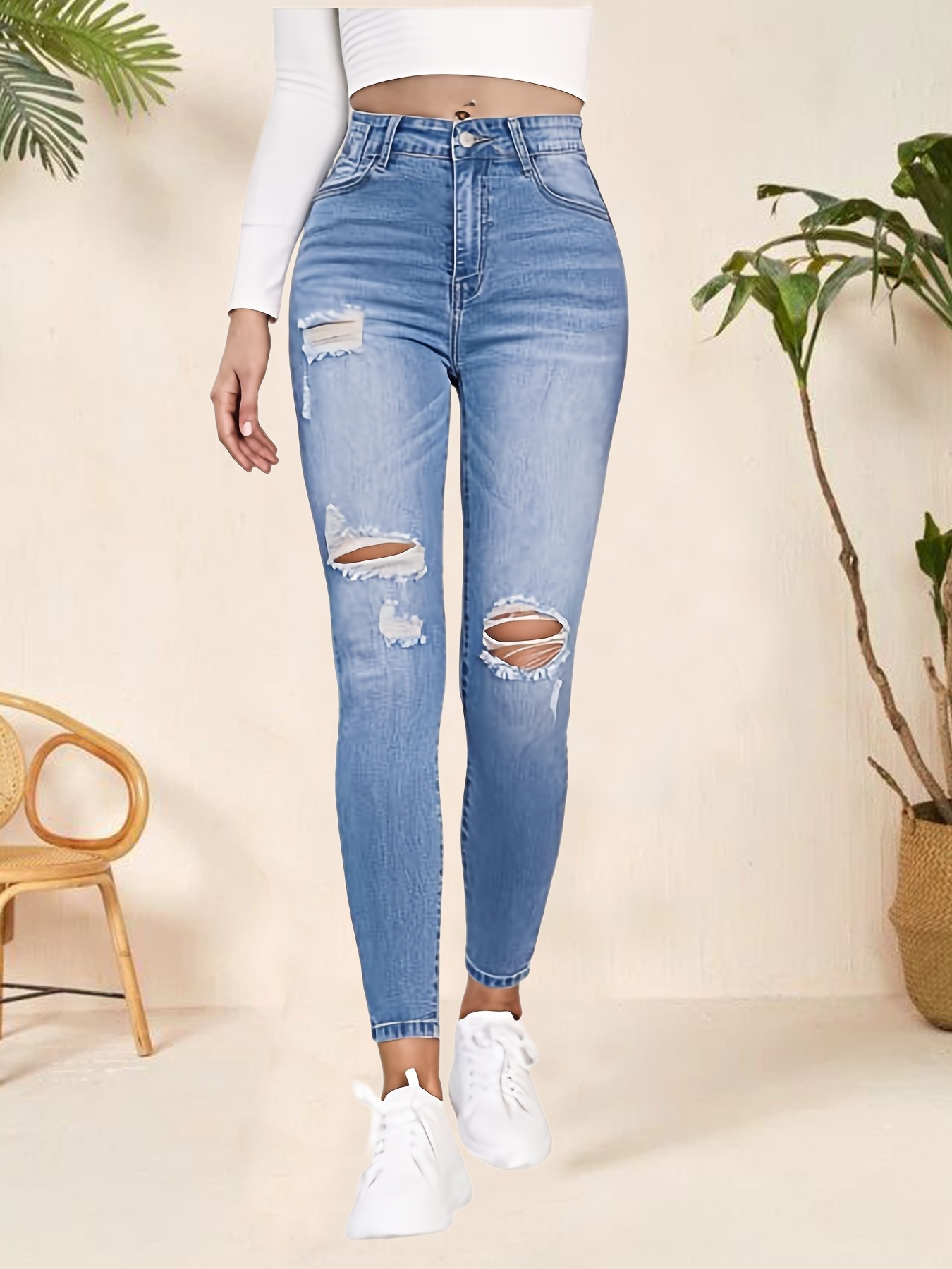 Jeans de mezclilla ajustados rasgados de tiro alto, Jeans * claro de moda  elásticos, Jeans de mezclilla para mujer, Ropa de mujer