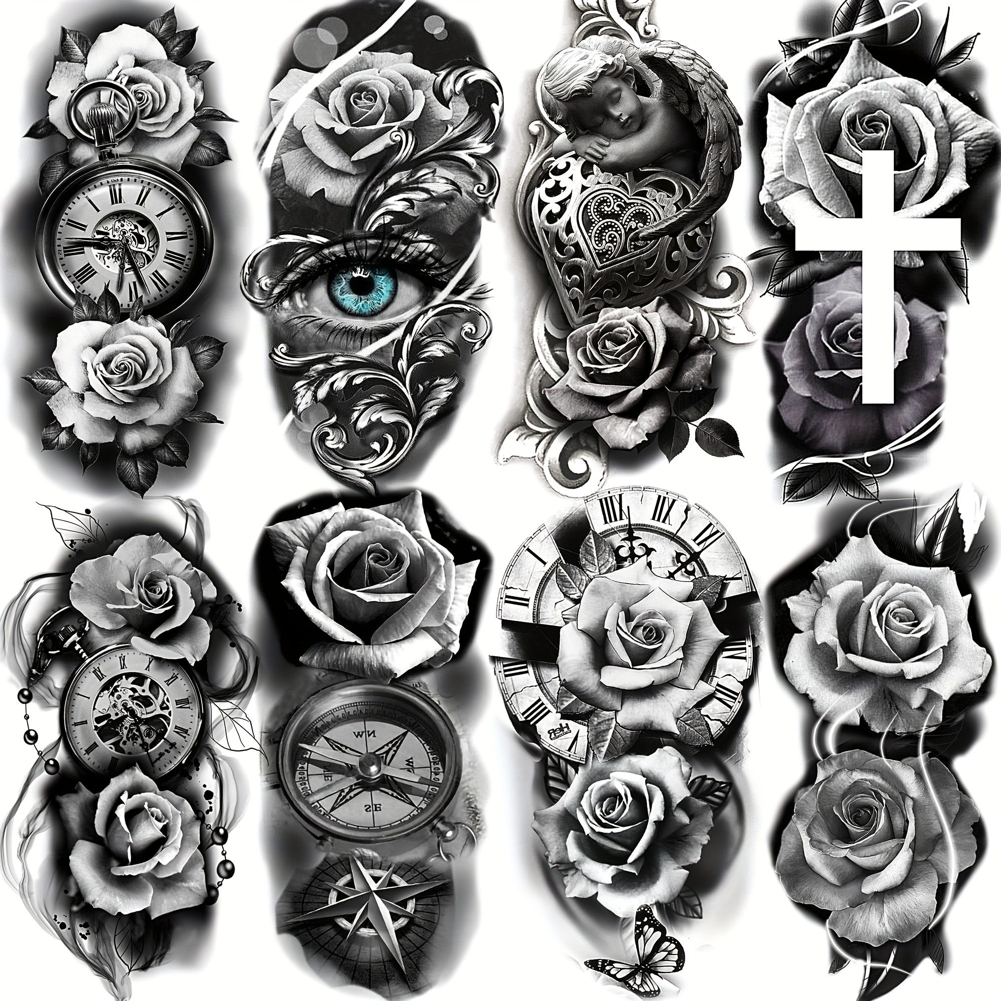Black And Grey Flower Tattoos Sleeve - Temu