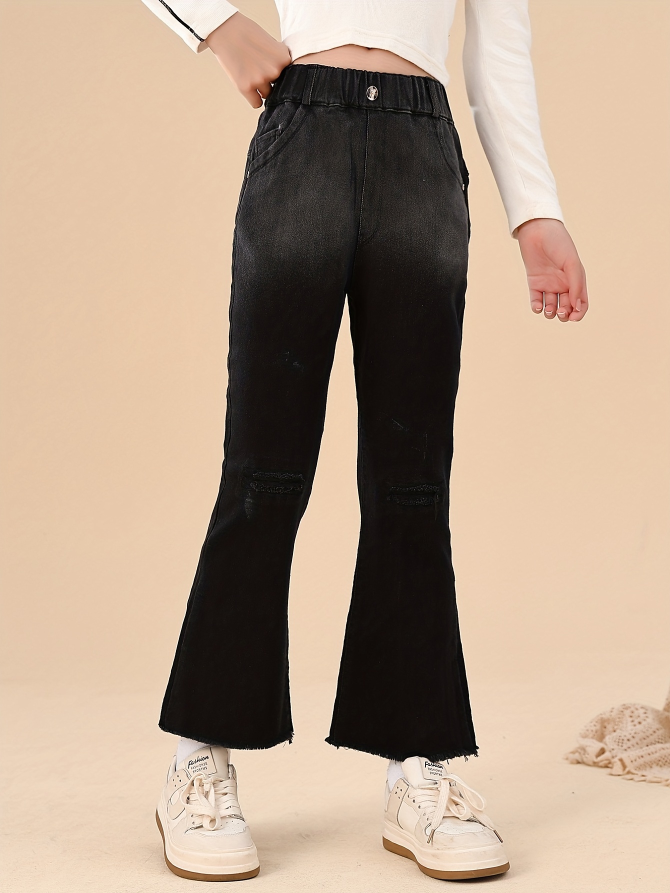 Girls Vintage Flare Denim Pocket Elastic Waist Pants - Temu