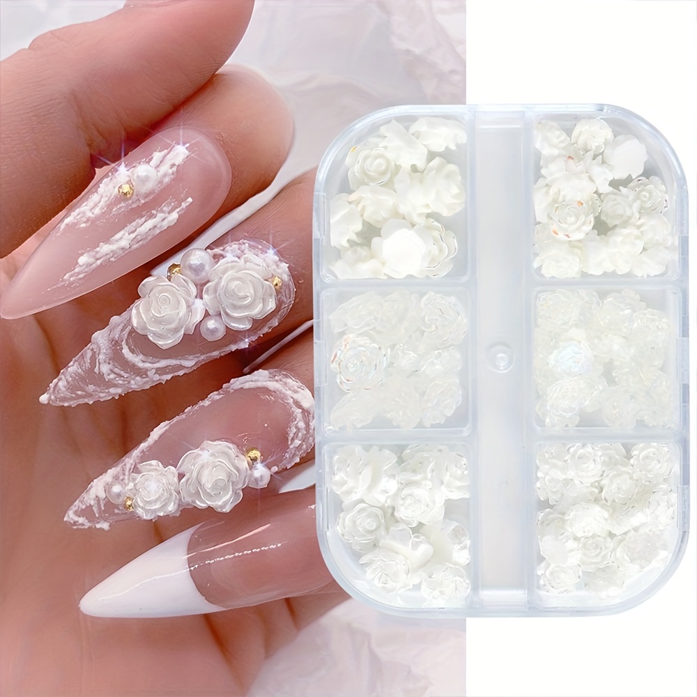 Flower Nail Charms With Silver White Pearls Beads Gems - Temu