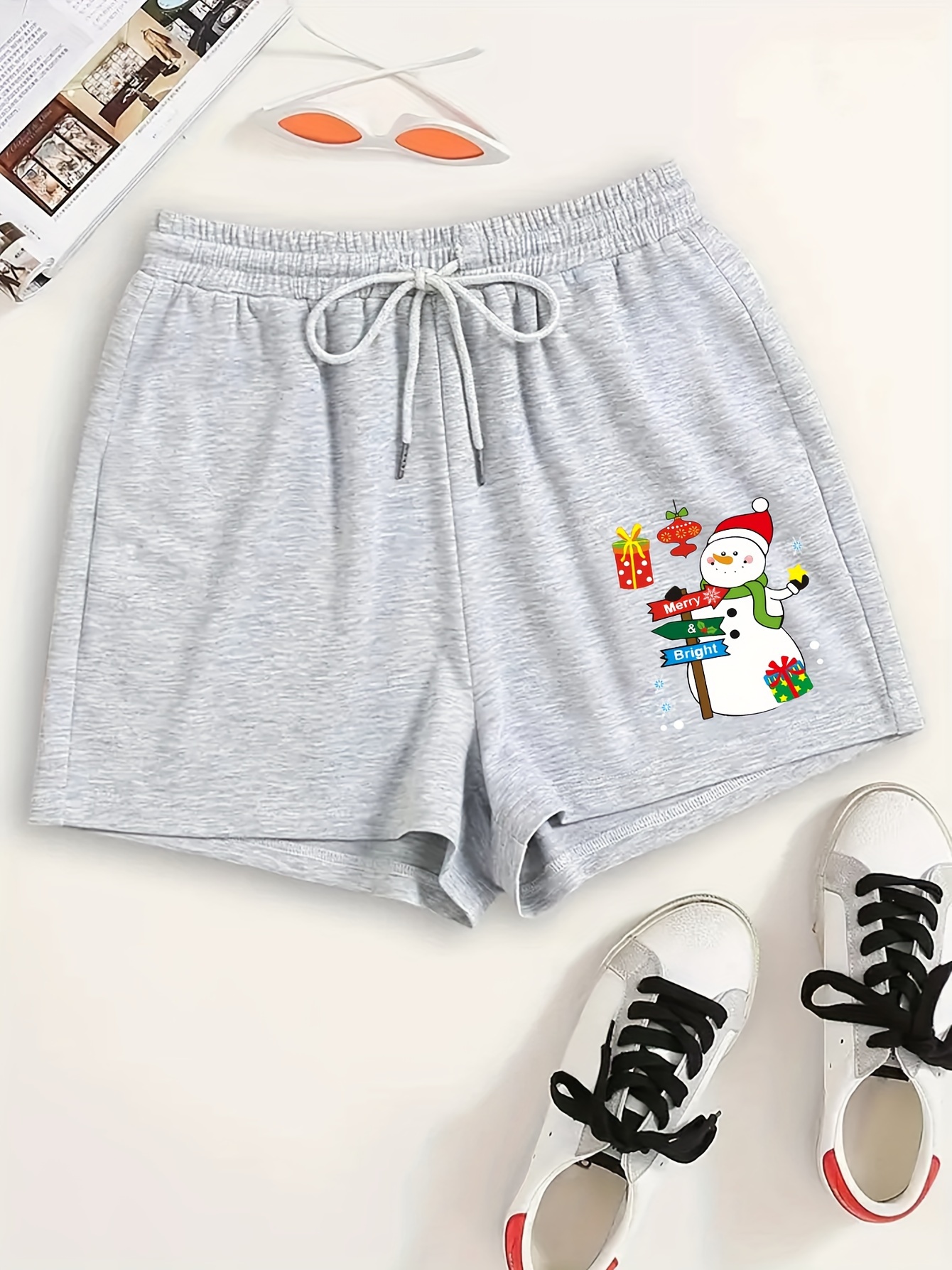 Women's Plus Snowman Print Drawstring Elastic Waist Shorts