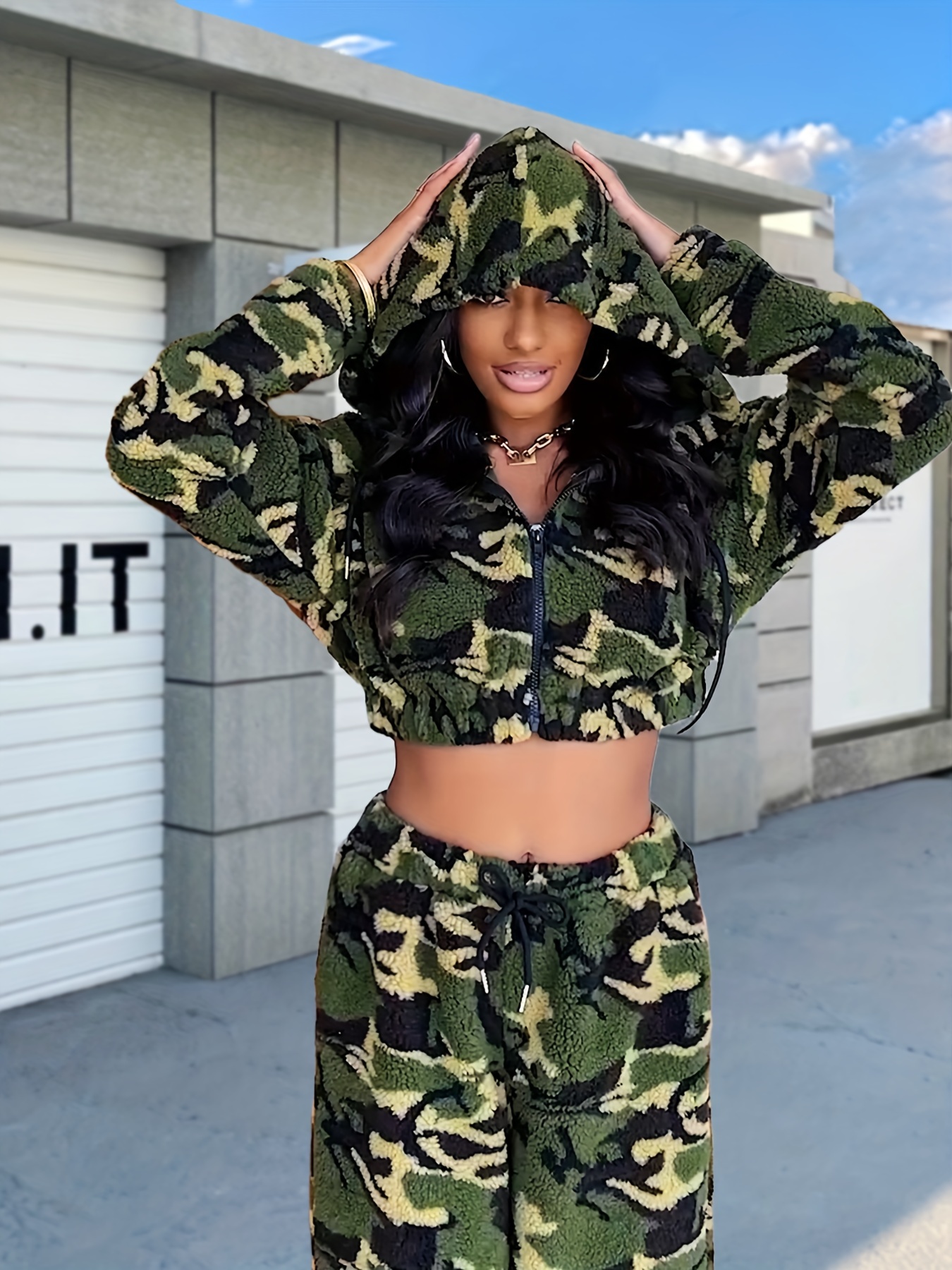 Camo Print Teddy Two-piece Set, Zip Up Cropped Hooded Tops & Drawstring  Pants Outfits, Women's Clothing