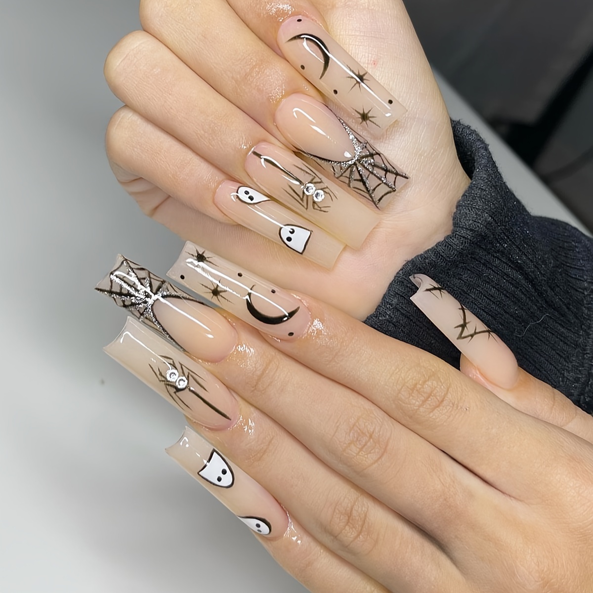 24pcs Long Coffin Shaped Transparent Nail Art With Ins Style Cute, Elegant,  Christmas Design With Golden Glitter, Face & Snowflake Pattern Ideal For  Parties, Dance Or Daily Wear With Press On Nails