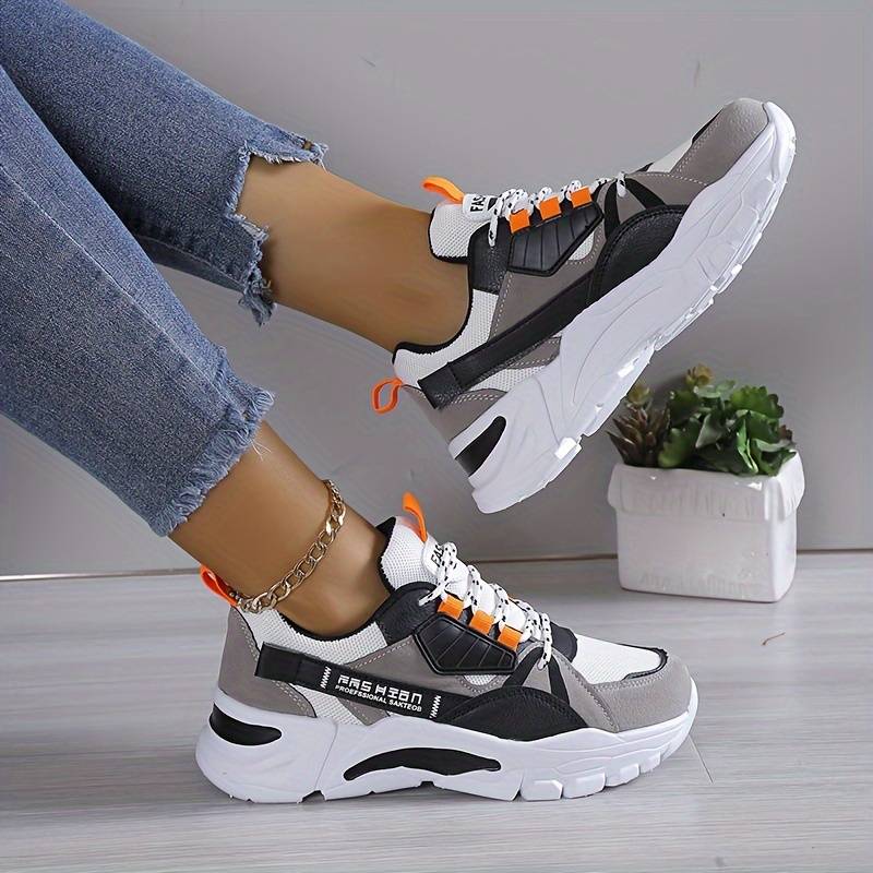 Women's Leopard Pattern Lace-up Chunky Sneakers, Anti-slip Sports Shoes ...