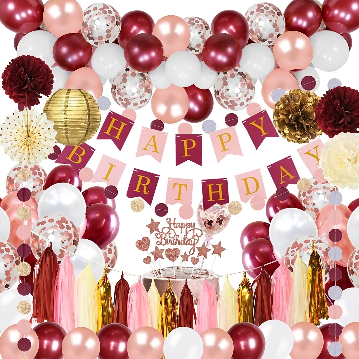  Decoraciones de fiesta de feliz cumpleaños color oro rosa negro  para mujeres y niñas, juego de decoración para ella, pancarta de feliz  cumpleaños, globos de aluminio, cortinas de flecos, corona, 
