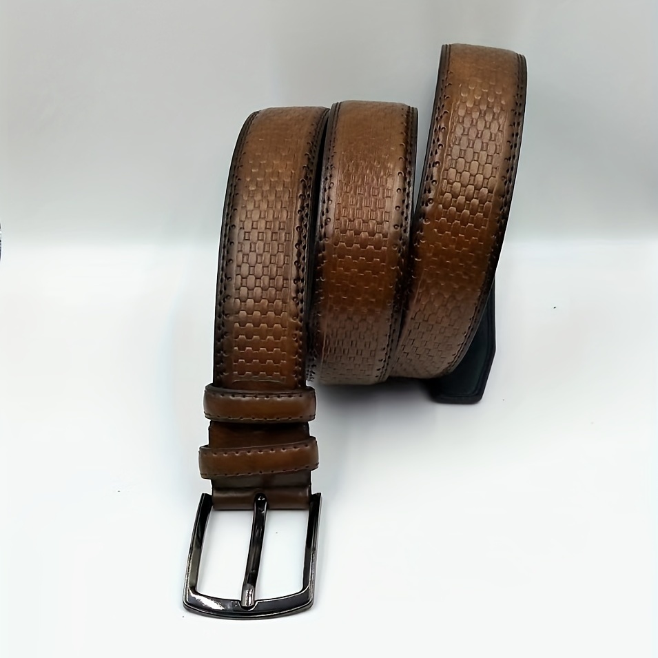 Men's Checkered Pattern Genuine Leather Belt, Alloy Pin Buckle