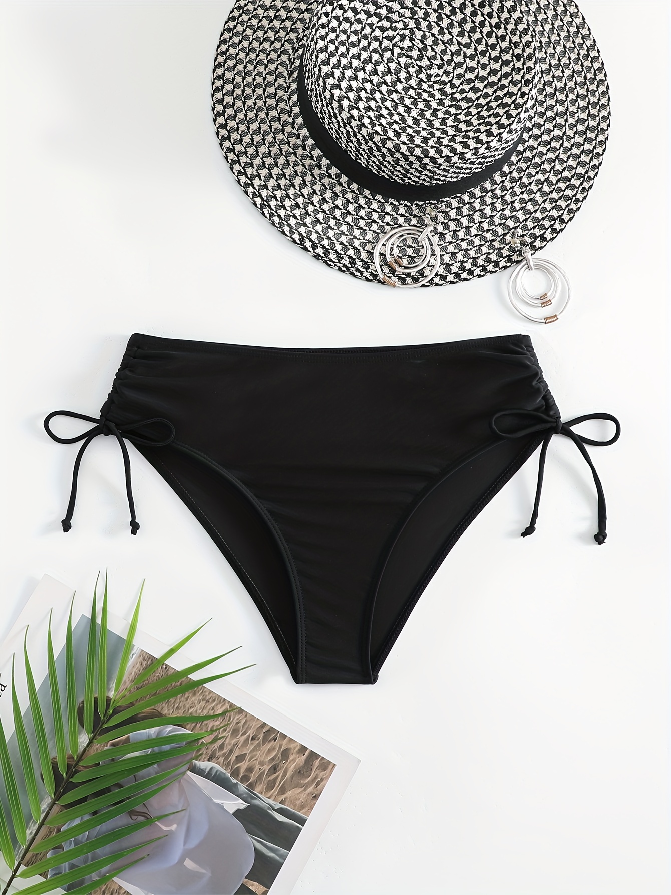 Cut Out Solid Black Swim Briefs, Stretchy High Cut Thong Bikini Bottoms,  Women's Swimwear & Clothing