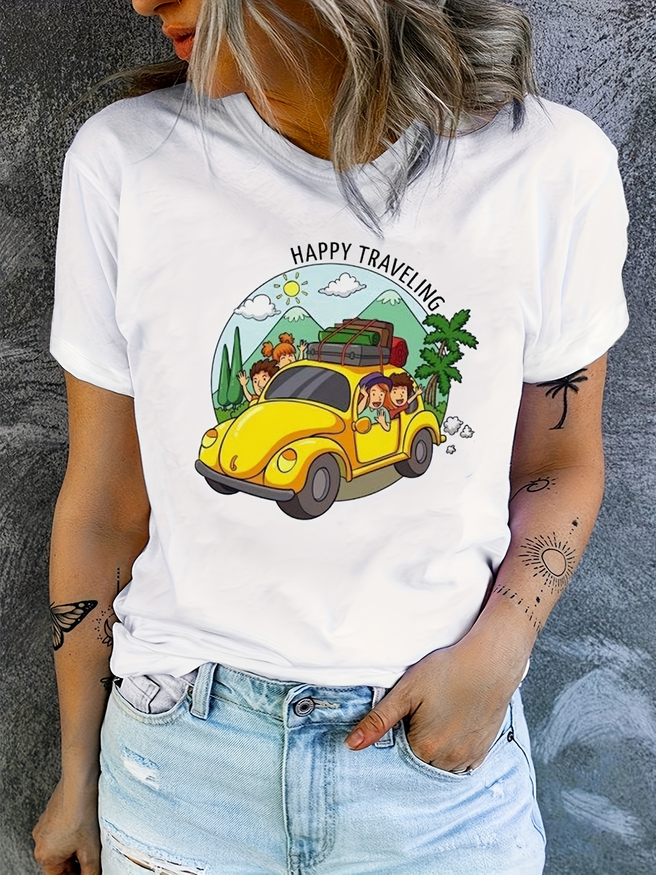 Camiseta Con Estampado Bonita De Cuello Con Forma Redonda Y Manga Corta,  Ropa Para Mujer