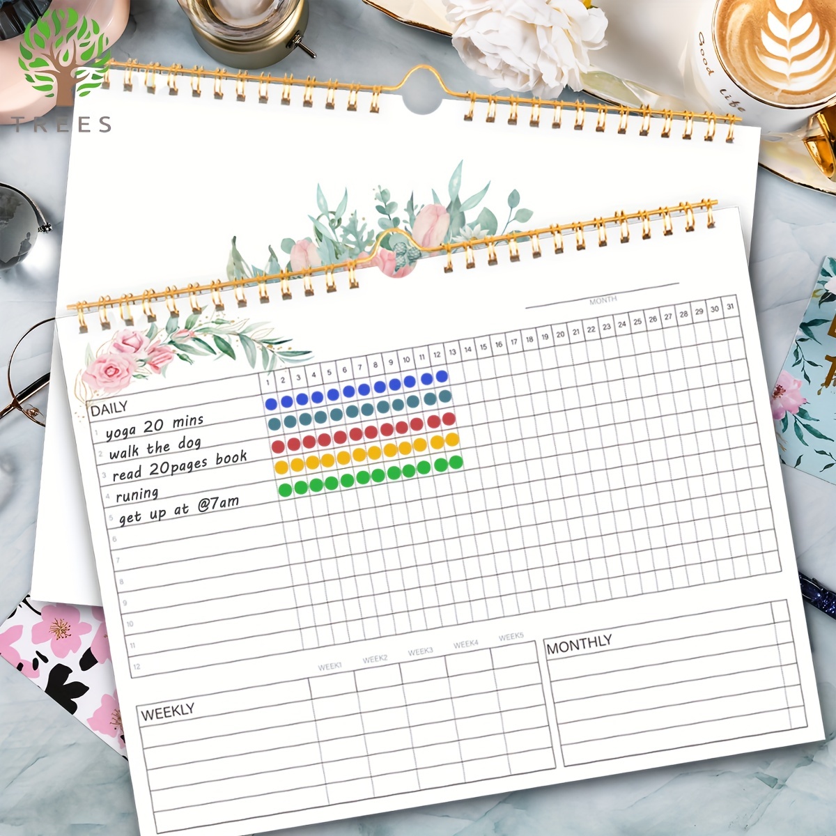 Habit Tracker Calendar- 12 Months Undated Daily Weekly & Monthly Period  Habit Tracker Journal, Greenery Floral, Spiral Binding with Writable Goals