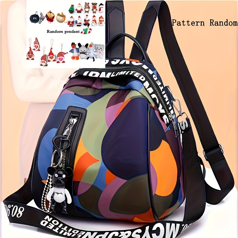 

Color Block Geometric Pattern Backpack, Large Capacity Travel Storage Bag, Waterproof Fashion Backpack With Charm