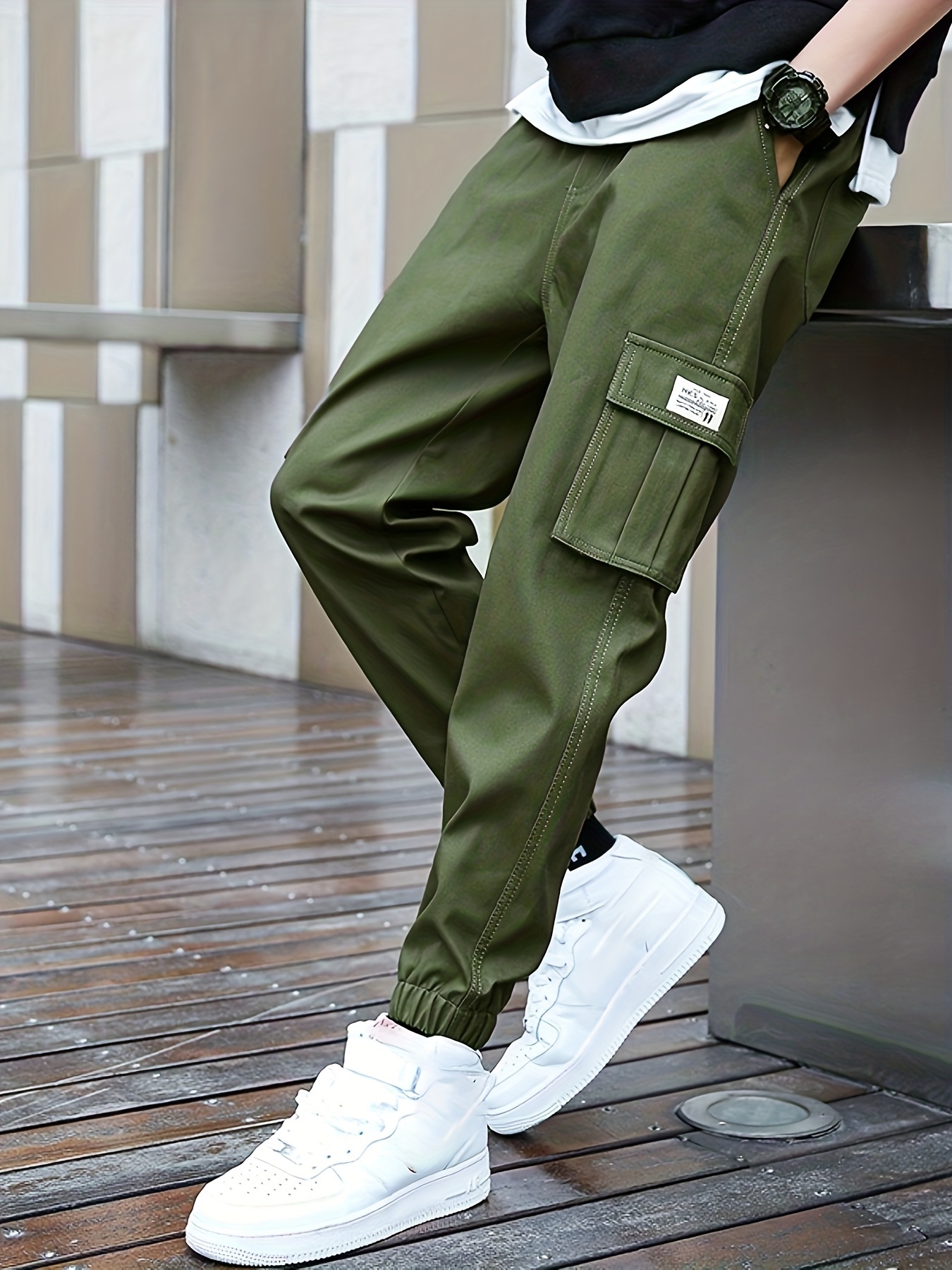 Cotton Trendy Solid Cargo Pants Men's Multi Flap Pocket - Temu Canada