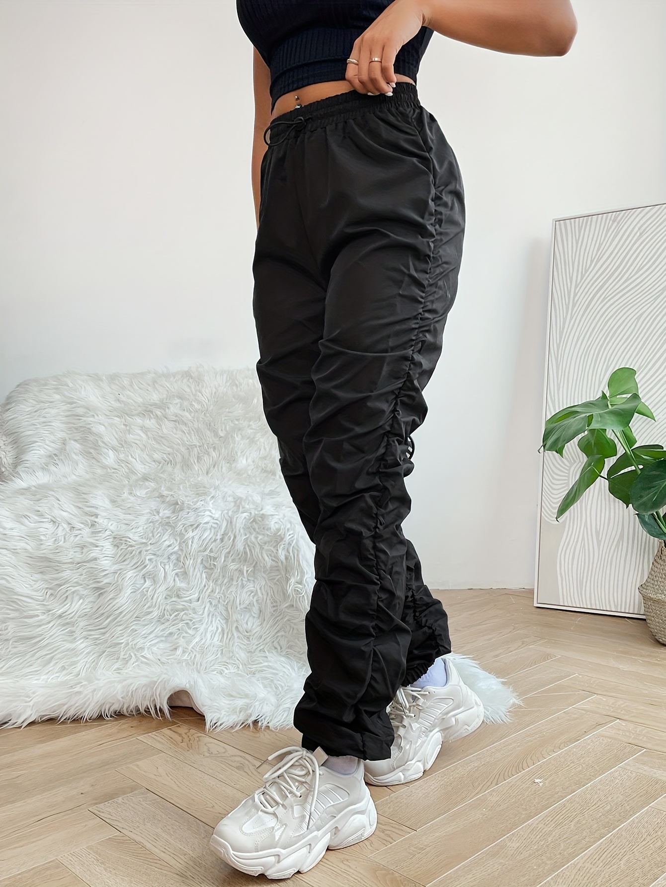 Solid Frilled Jogger Pants Casual Drawstring Pants Spring - Temu