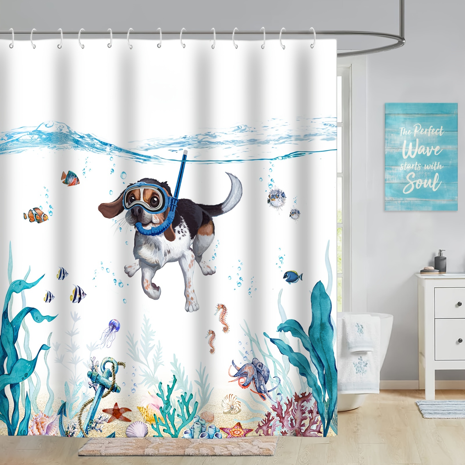 Funny Diving Dog Pattern Shower Curtain Teal Blue Sea Ocean - Temu
