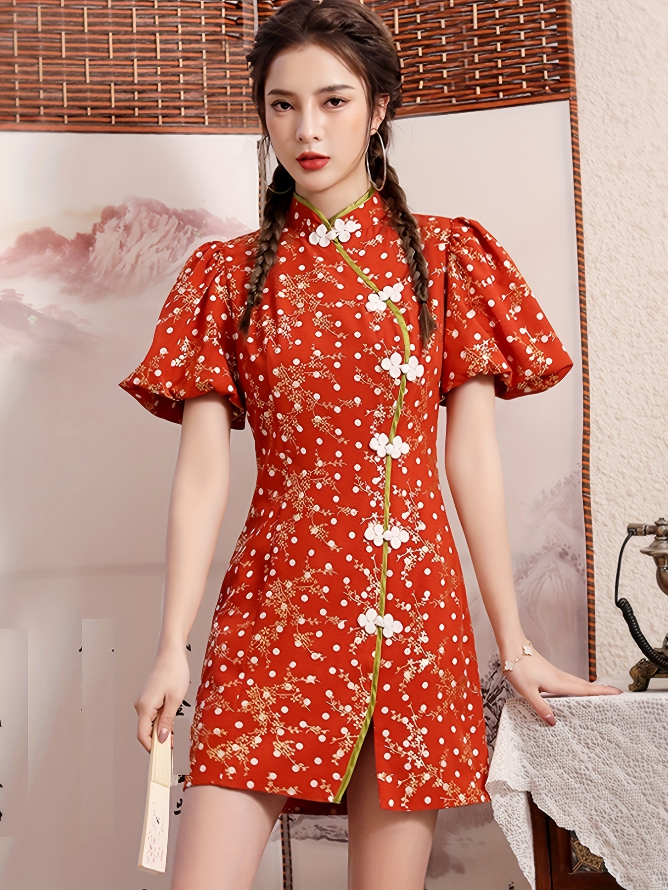 Women Cheongsam Dress Frog Button Chinese Traditional Short Qipao Side Slit