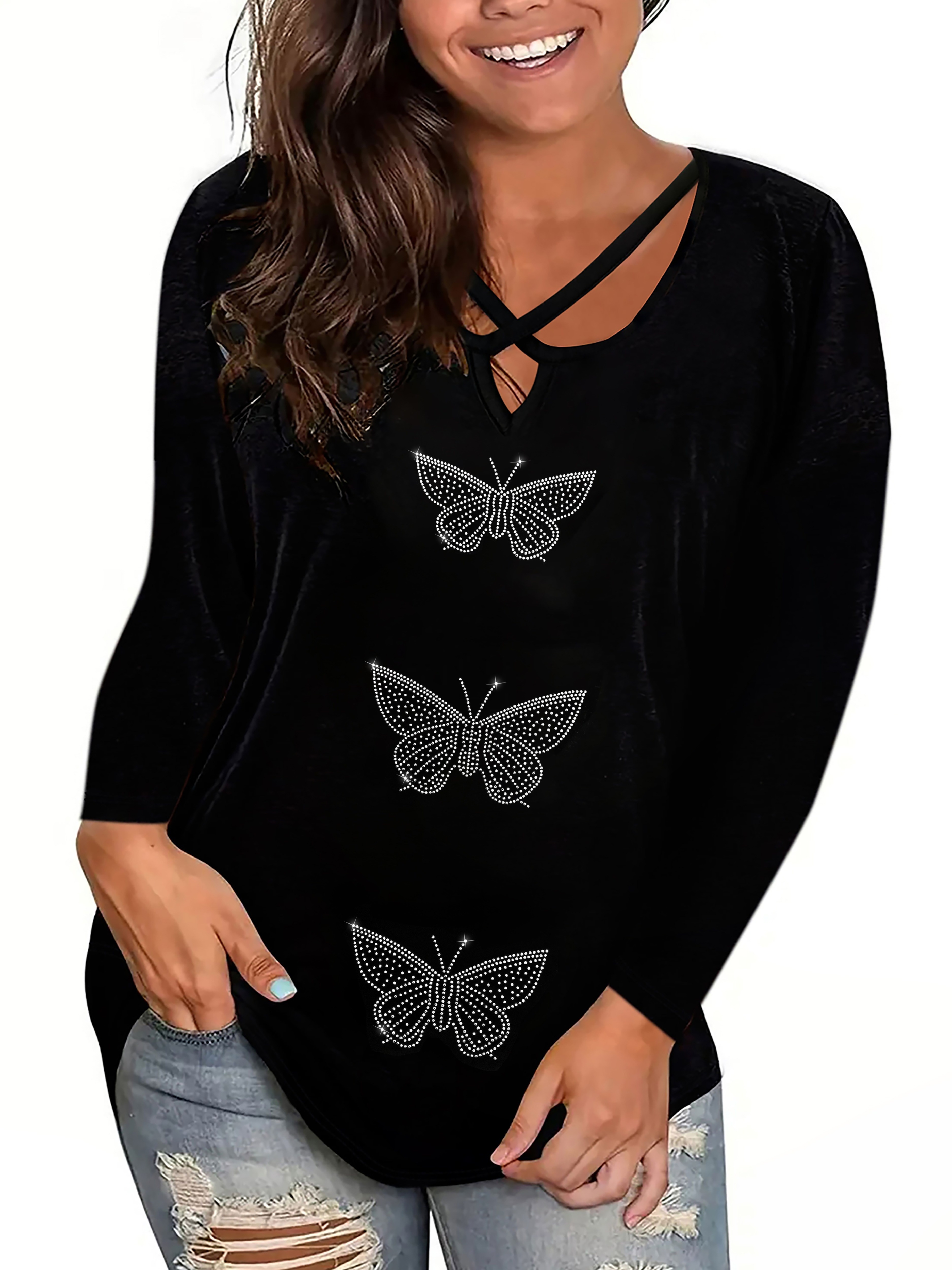 Plus Size Casual Top Women's Plus Rhinestone Butterfly Decor - Temu