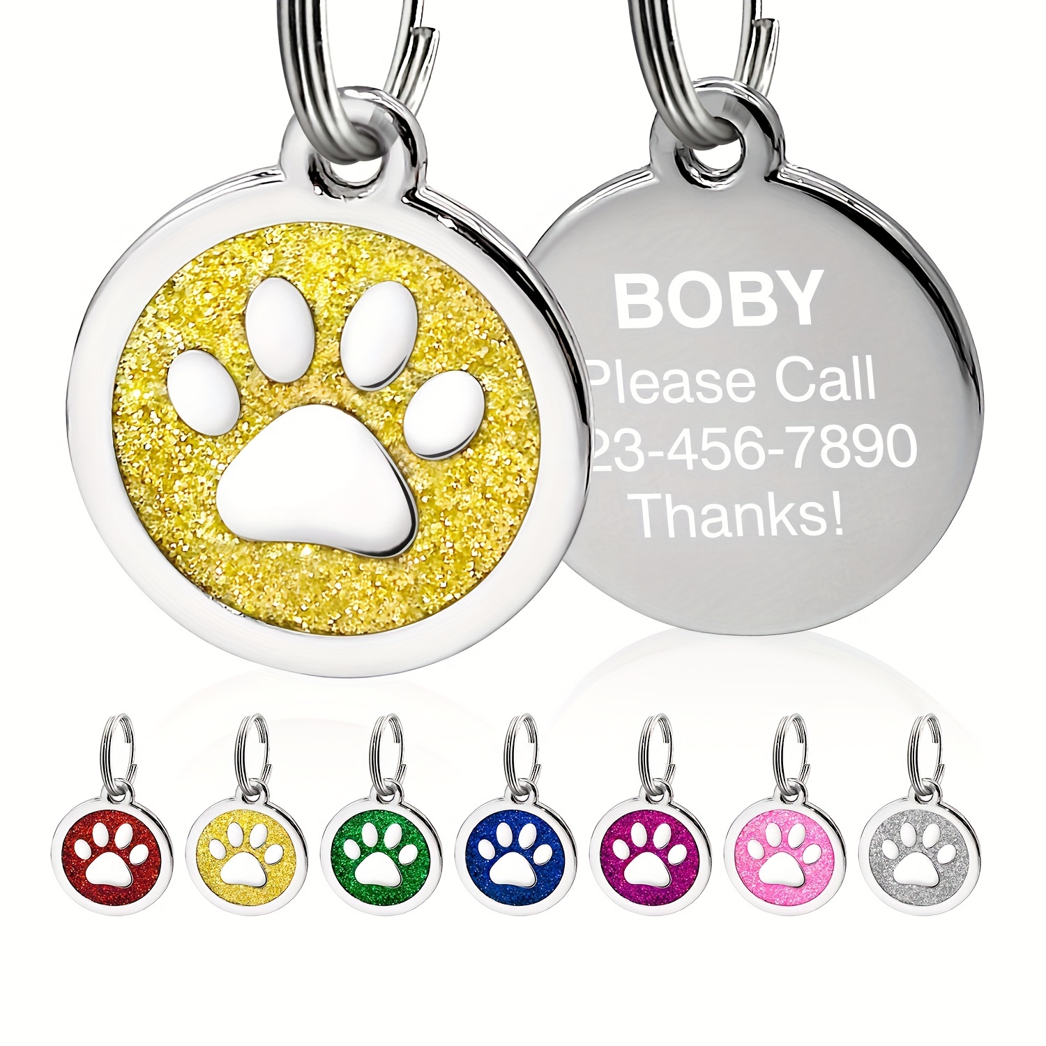 TEMU Personalized Dog Tag For Pets Engraved Dog Name Tag Slide On Cat Id Tags Round Paw Glitter Dog Tag