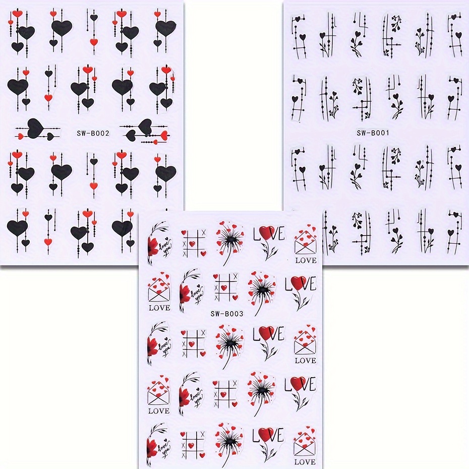 3pcs Valentine's Day Nail Stickers - Heart Peach Heart, English Letter Envelope Nail Decals - Easy To Apply - Sw-b001-003