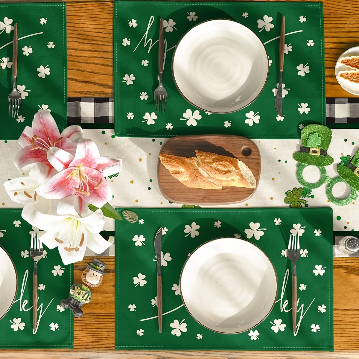  Camino de mesa con manteles individuales para mesa de comedor,  día de San Patricio, trébol de la suerte, trébol de la suerte, textura de  trébol de cuatro hojas, decoración de mesa