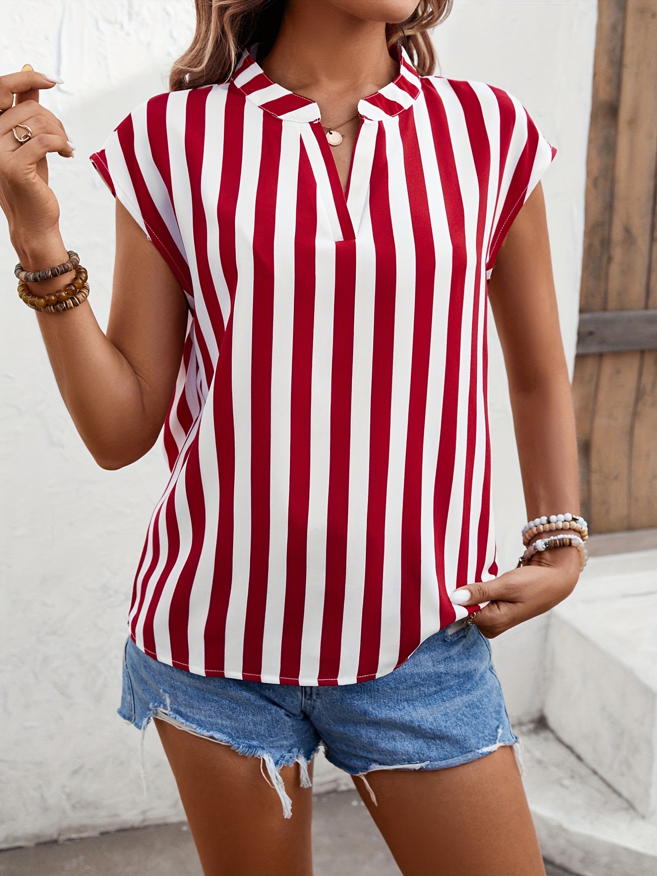 Women Blouses Women White V Neck Tshirt Striped Red and White