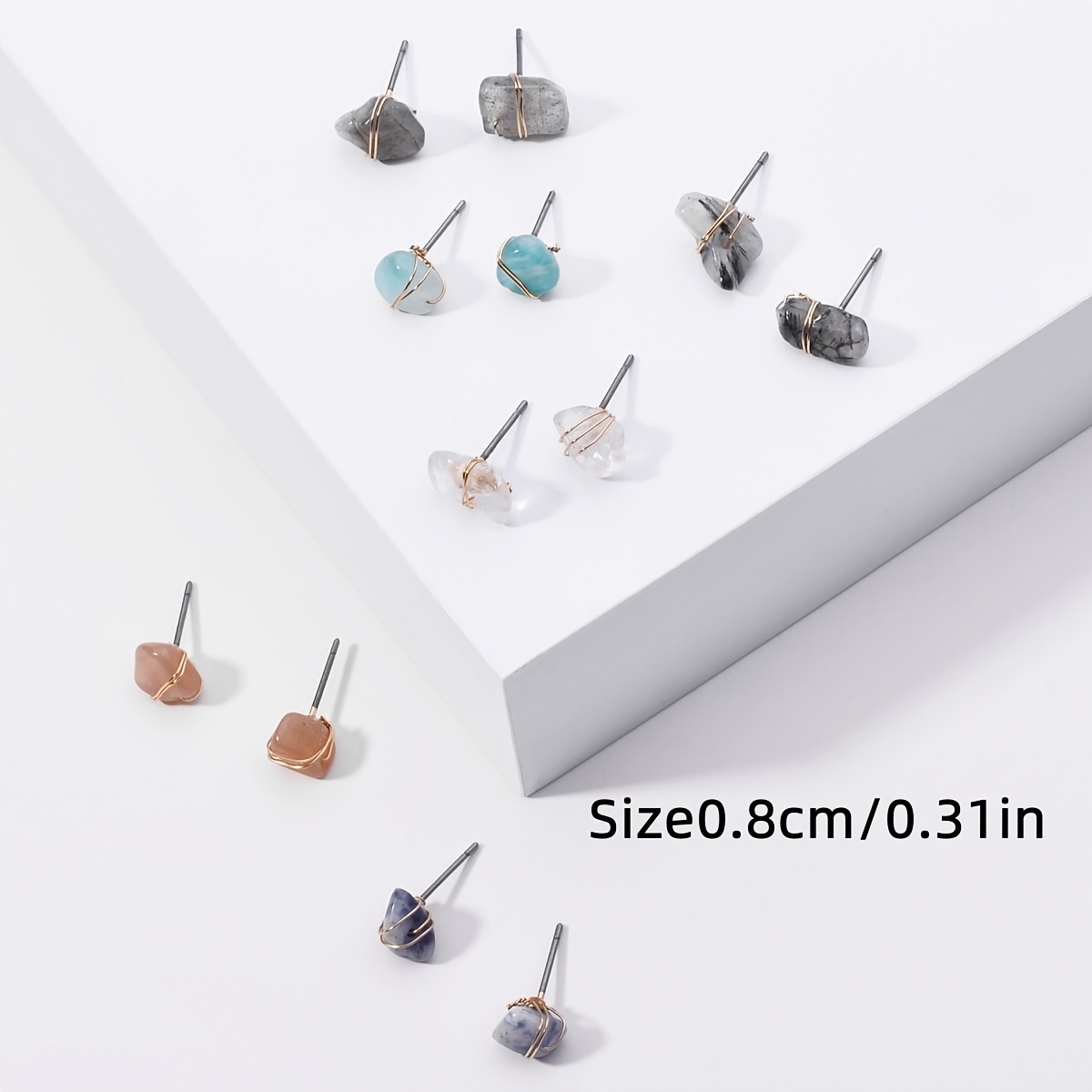 6 Pairs Raw Stone Stud Earrings Set, Random Shape