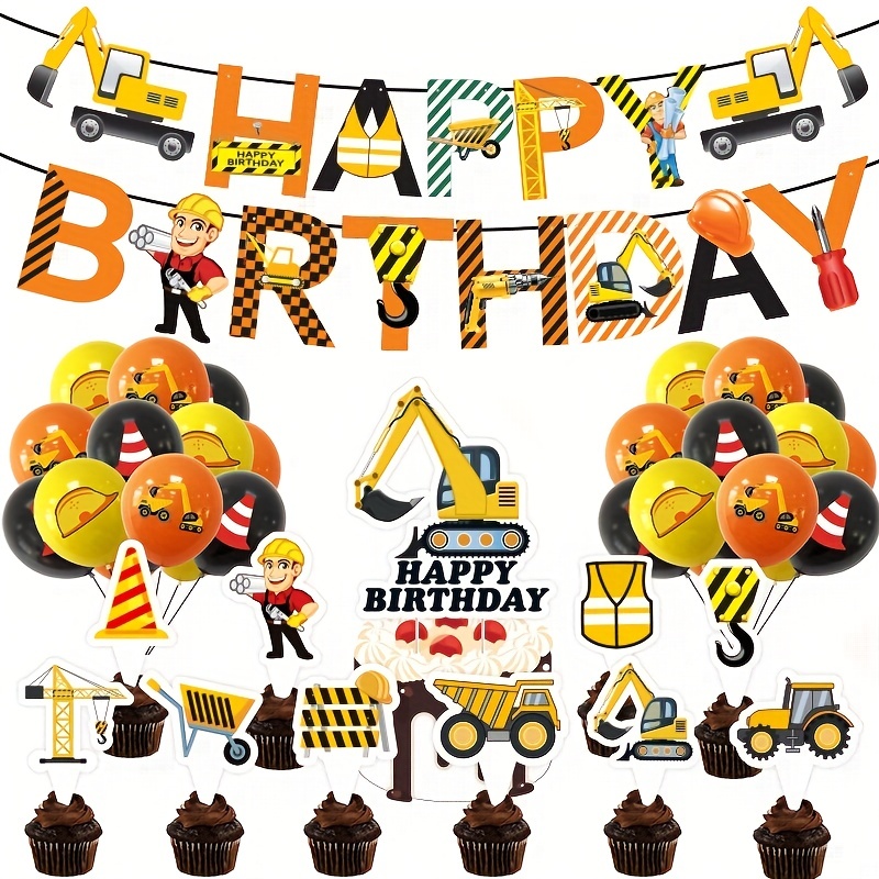 Construction Birthday Party Supplies for Kids Construction Theme Birthday  Banner Balloons Cupcake Toppers Construction Party Decorations Kits Set for