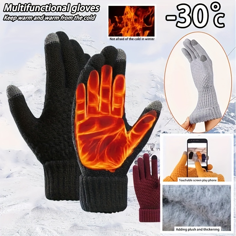 Gants d'hiver pour femme, gants thermiques à écran tactile en tricot chaud  noir 