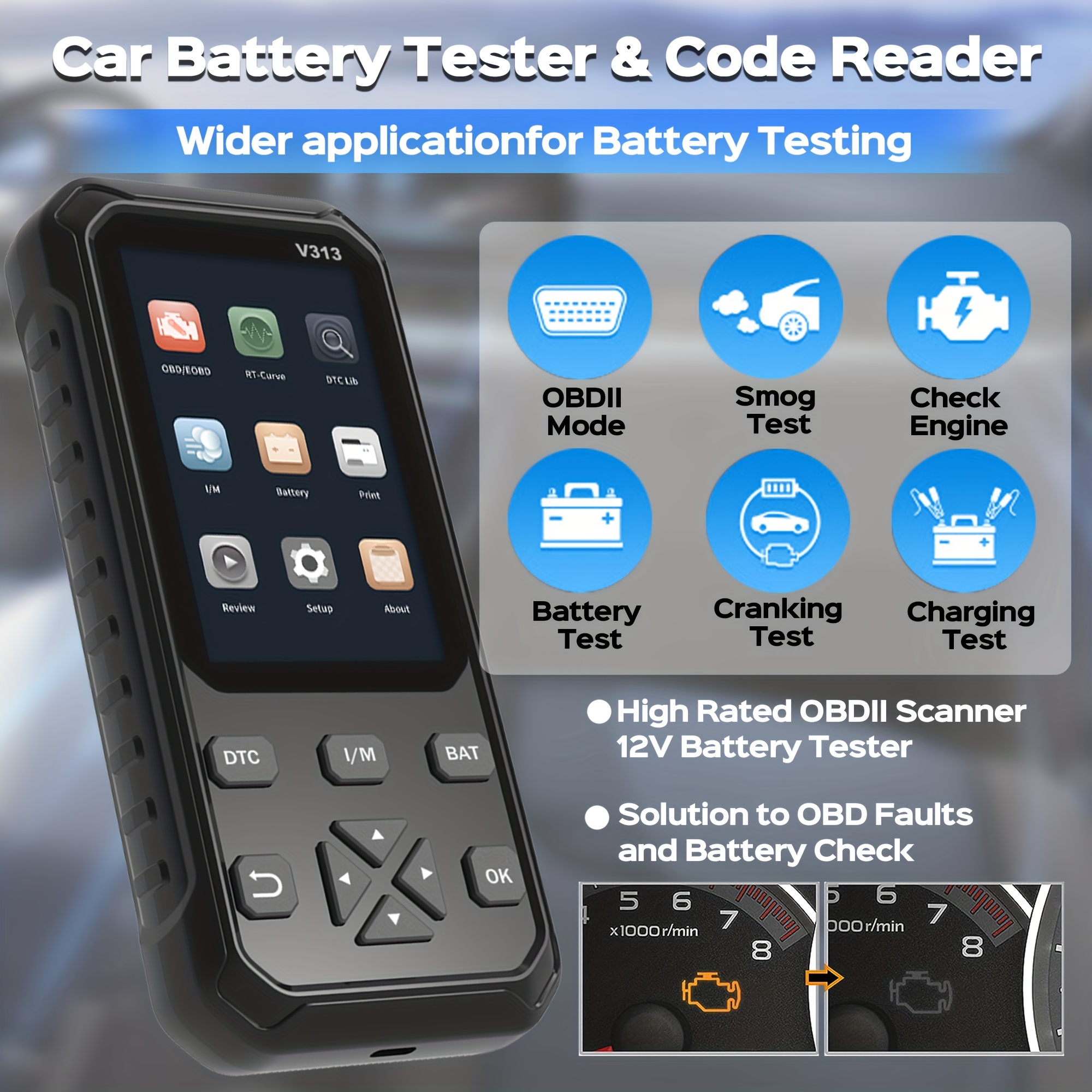 OBD2 Scanner Diagnostic Tool Check Engine Code Reader and 12V Car Battery  Tester Cranking and Charging System Test Scan Tool