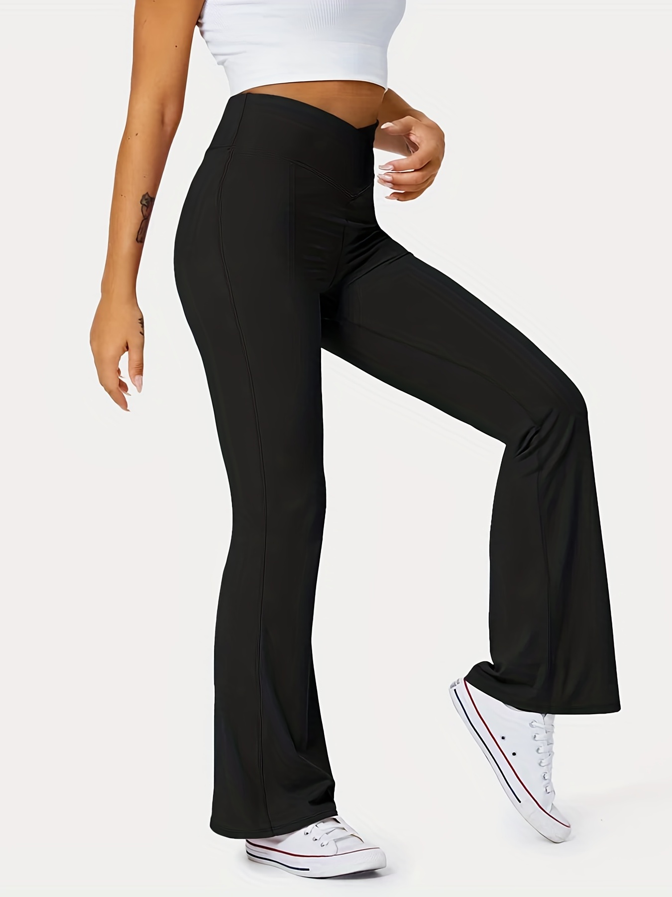 Solid Color Split Hem Flare Leg Sports Pants High Stretch - Temu