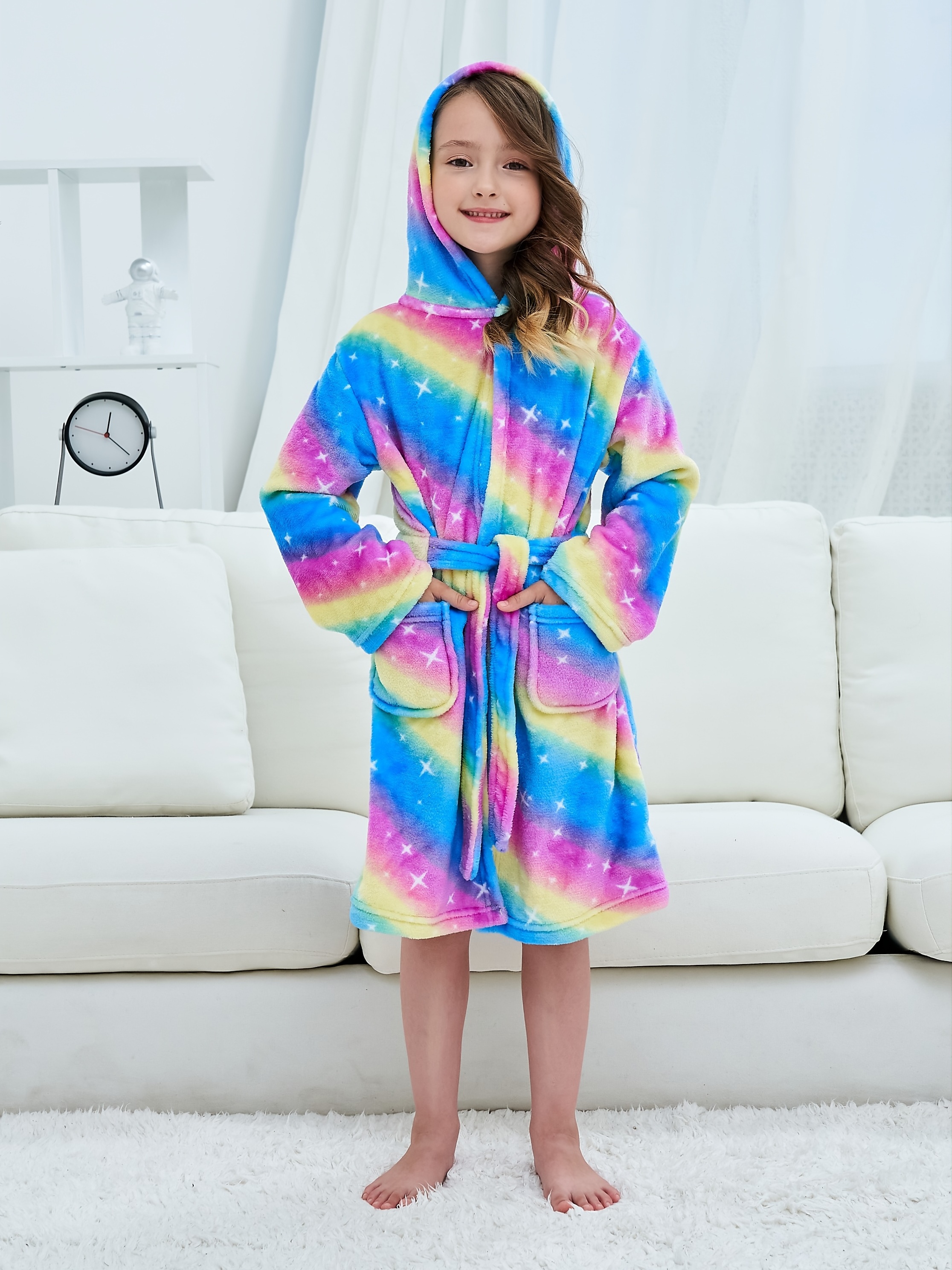 Girls Casual Soft Fleece Thermal Hooded Bathrobe Star Print - Temu