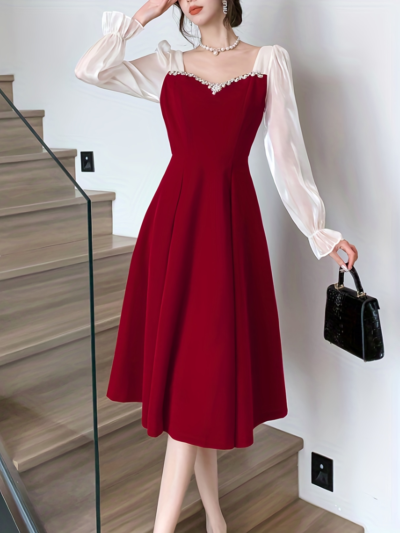 Contrast Trim Mesh Lantern Sleeve Dress Stylish A line - Temu