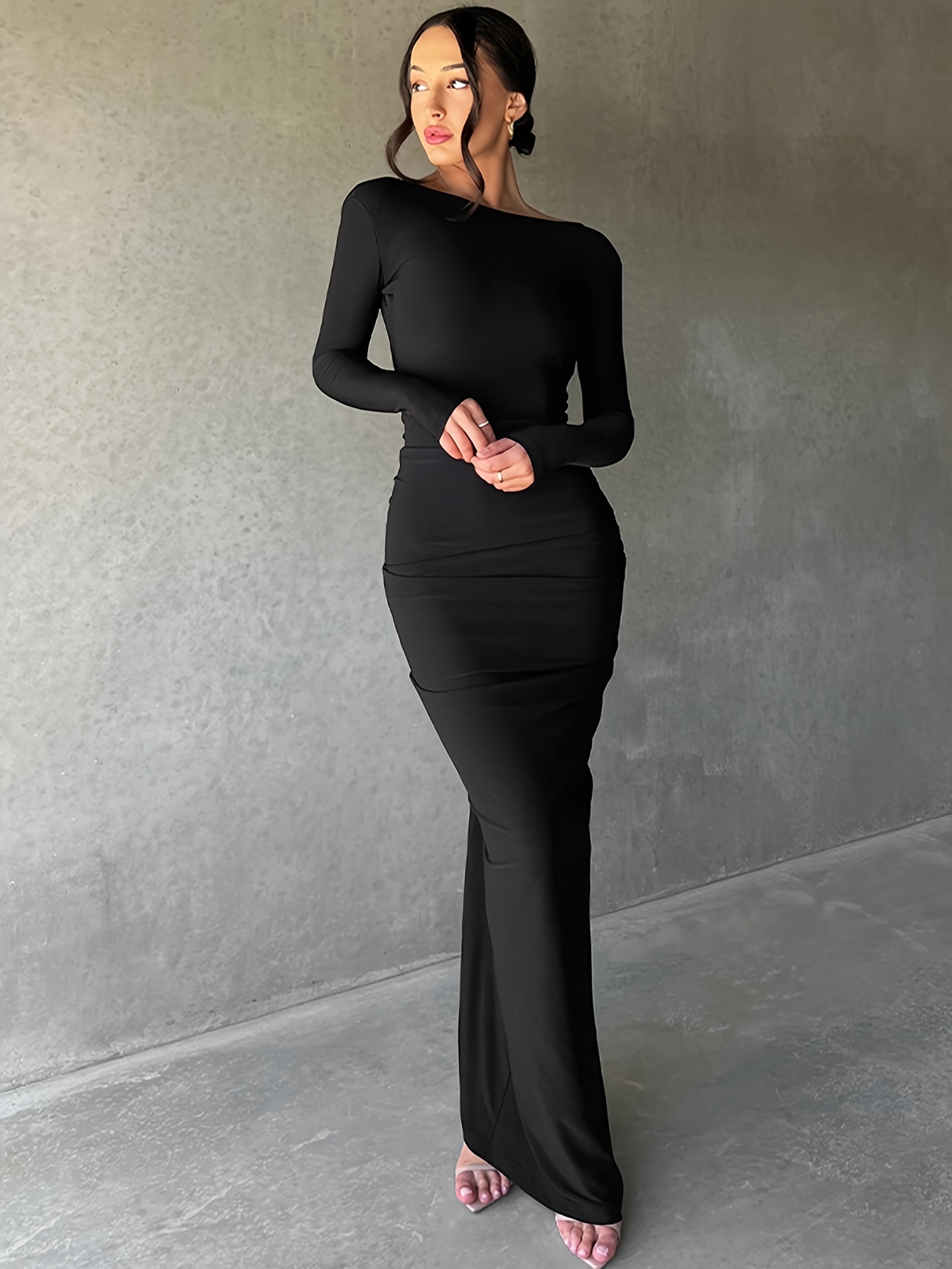 Plunging Ruched Dress Sexy Long Sleeve Bodycon Party Club Dress Women