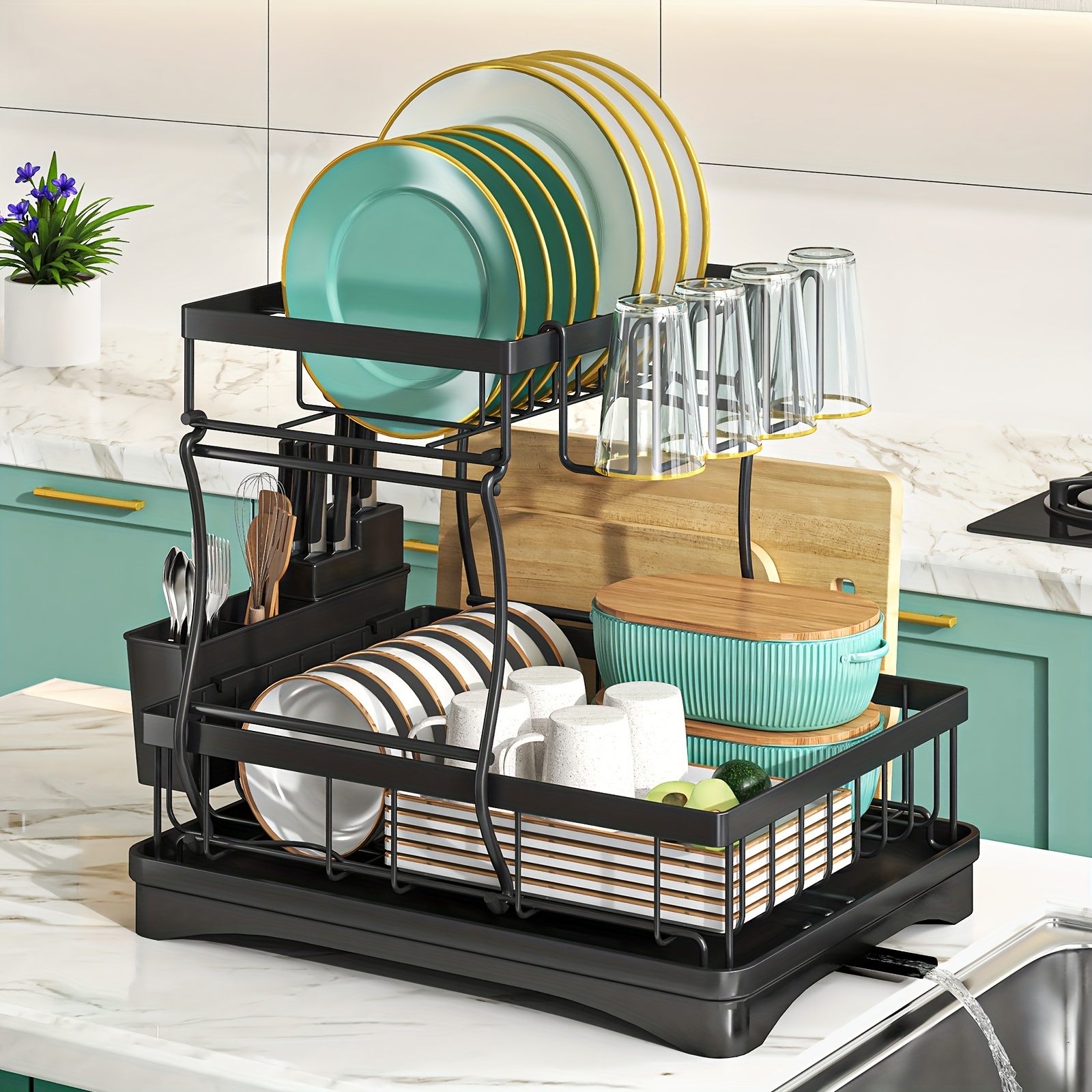 1pc Dish Rack, Multifunctional Anti-rust Dish Drying Rack With Utensil  Holder And Cutlery Holder, 2-Tier Dish Drainer Rack, For Kitchen Co