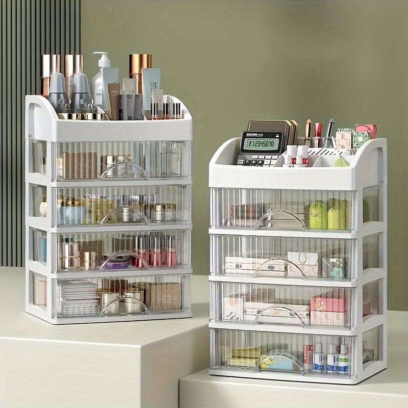 Organizador de maquillaje acrílico transparente con 3 cajones grandes y  almacenamiento superior extraíble para lápiz labial y cosméticos, soporte