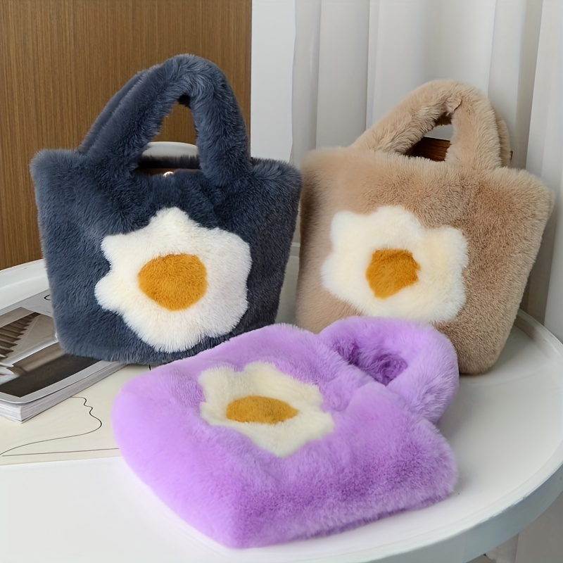 Fried Egg Pattern Plush Satchel Bag, Lightweight Storage Bag
