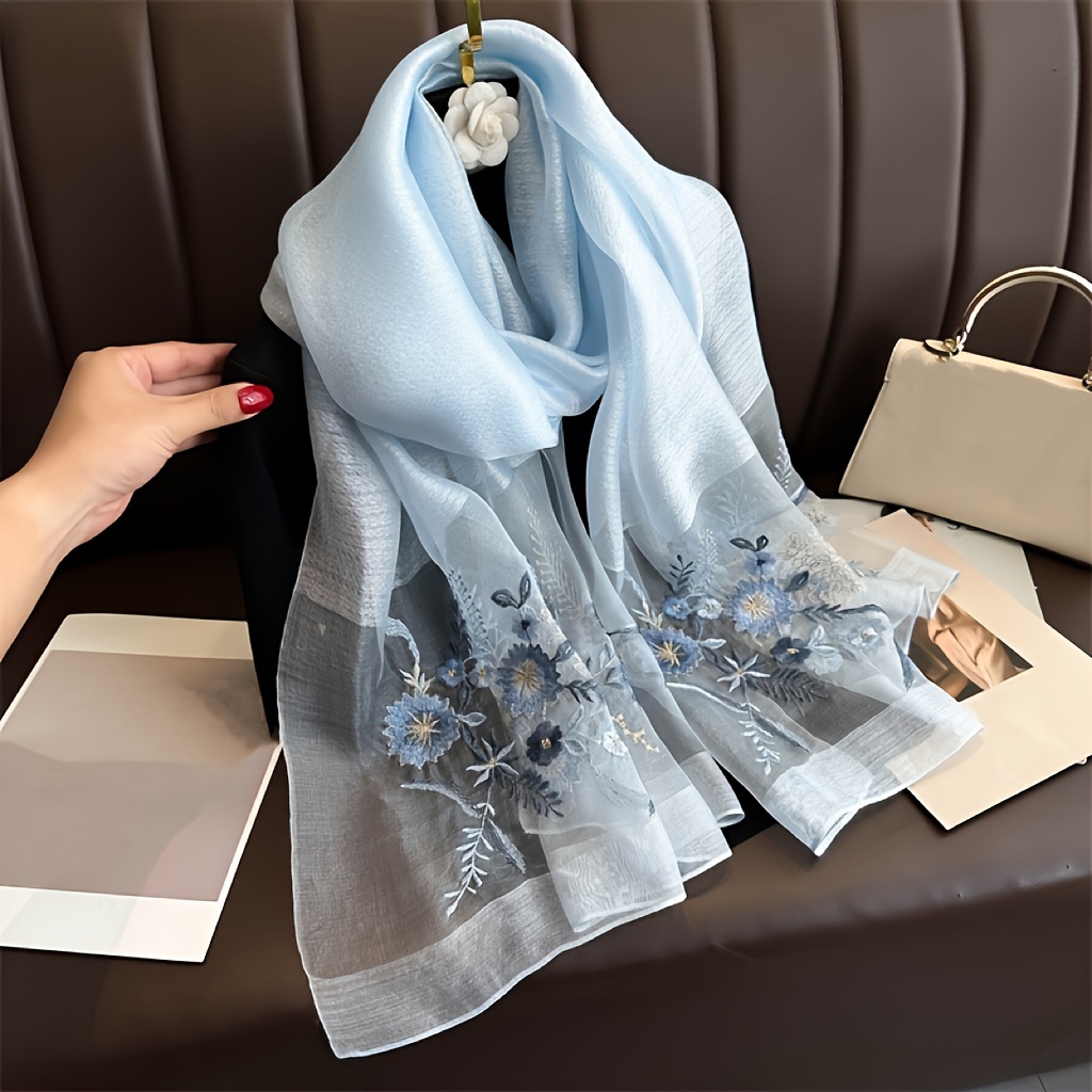 Stylish Flower Embroidered Yarn Scarf Ultra Thin Breathable - Temu